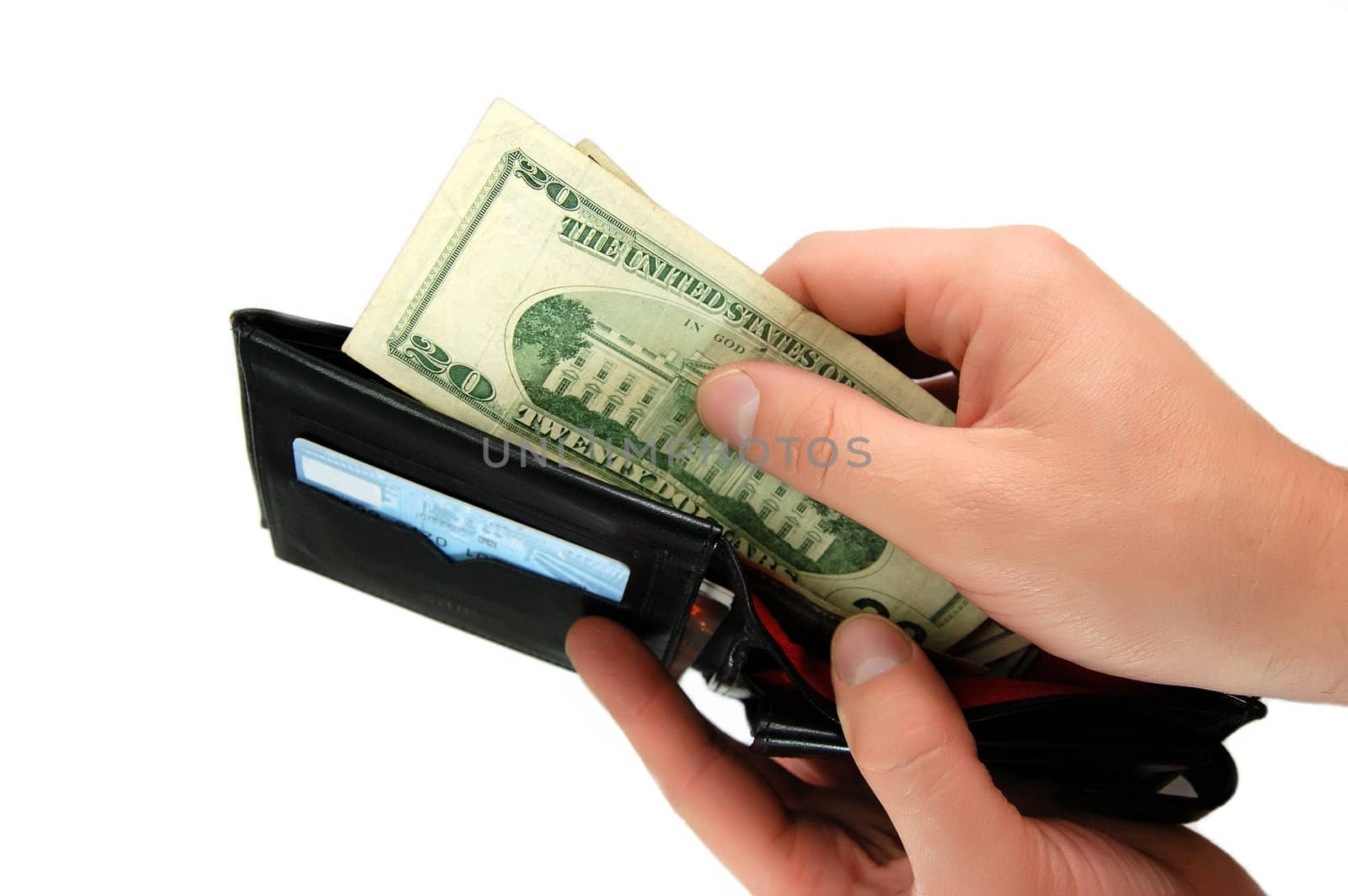 two male hands taking dollars from black leather wallet