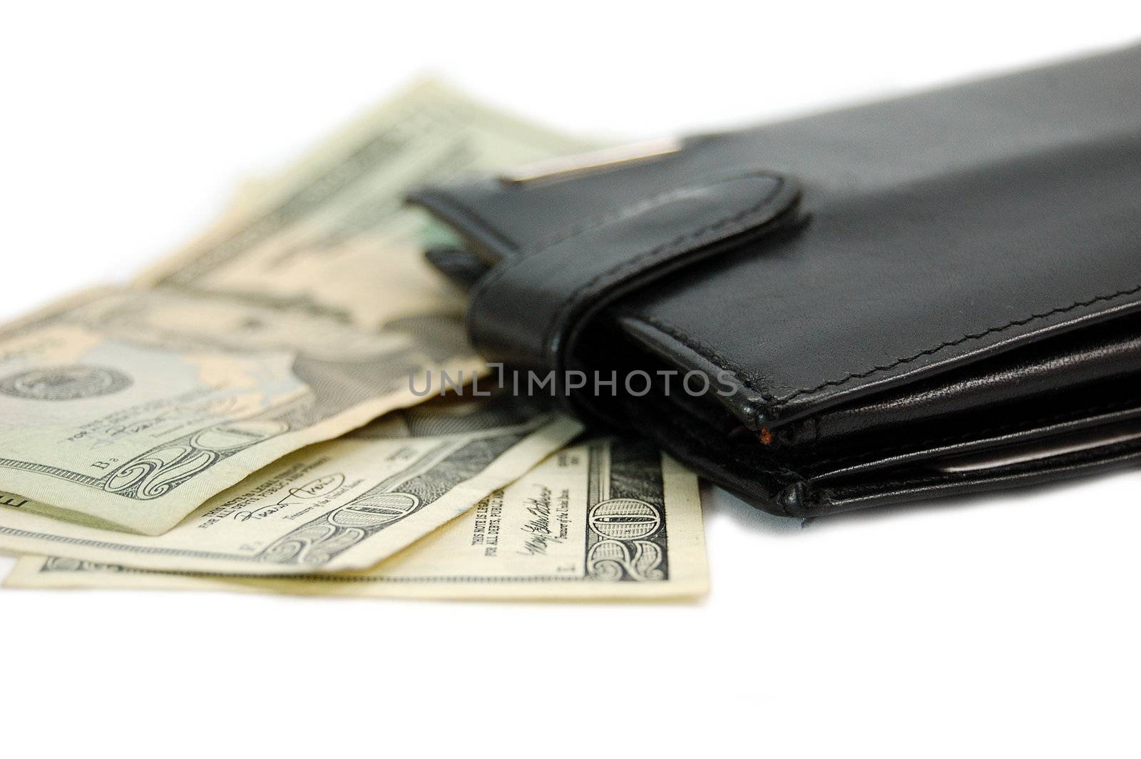 black wallet and 20 dollars