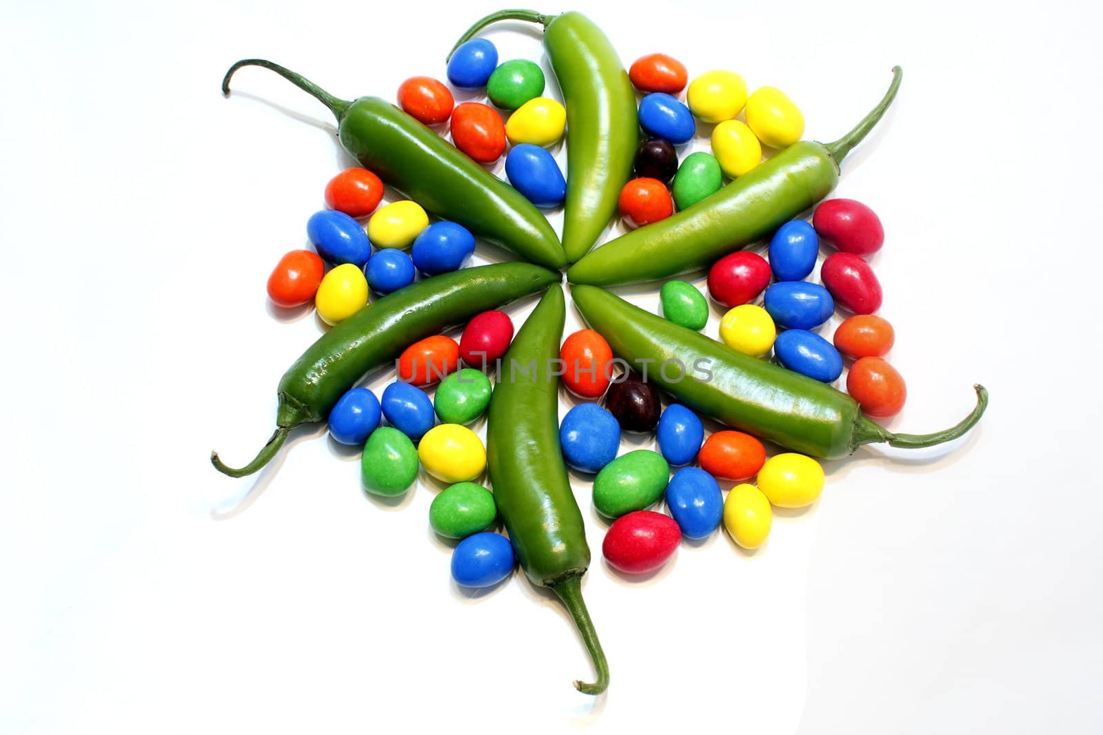 green jalapeno on a white background with chocolate