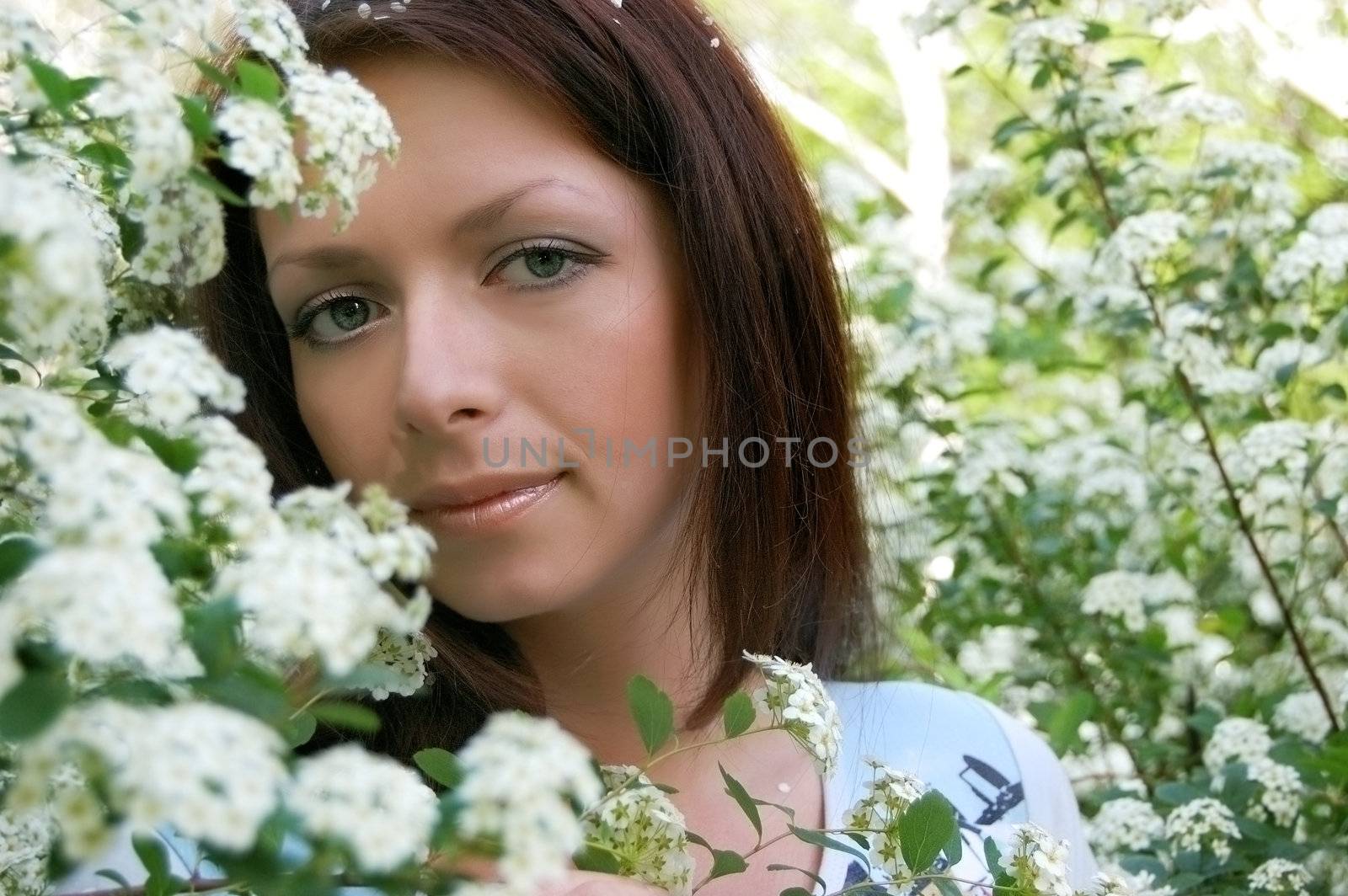 beautiful girl face among blooming white bushes