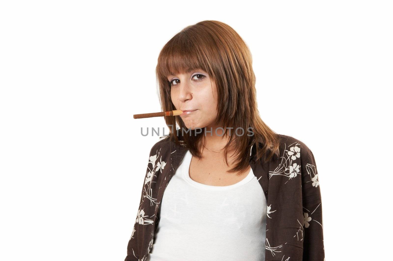 The girl in brown smoking a cigar 