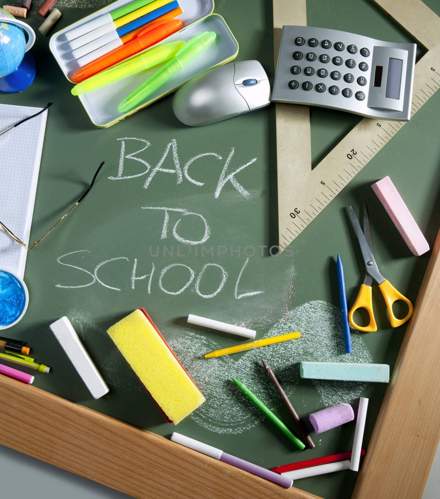 Back to school written in green blackboard education concept still life