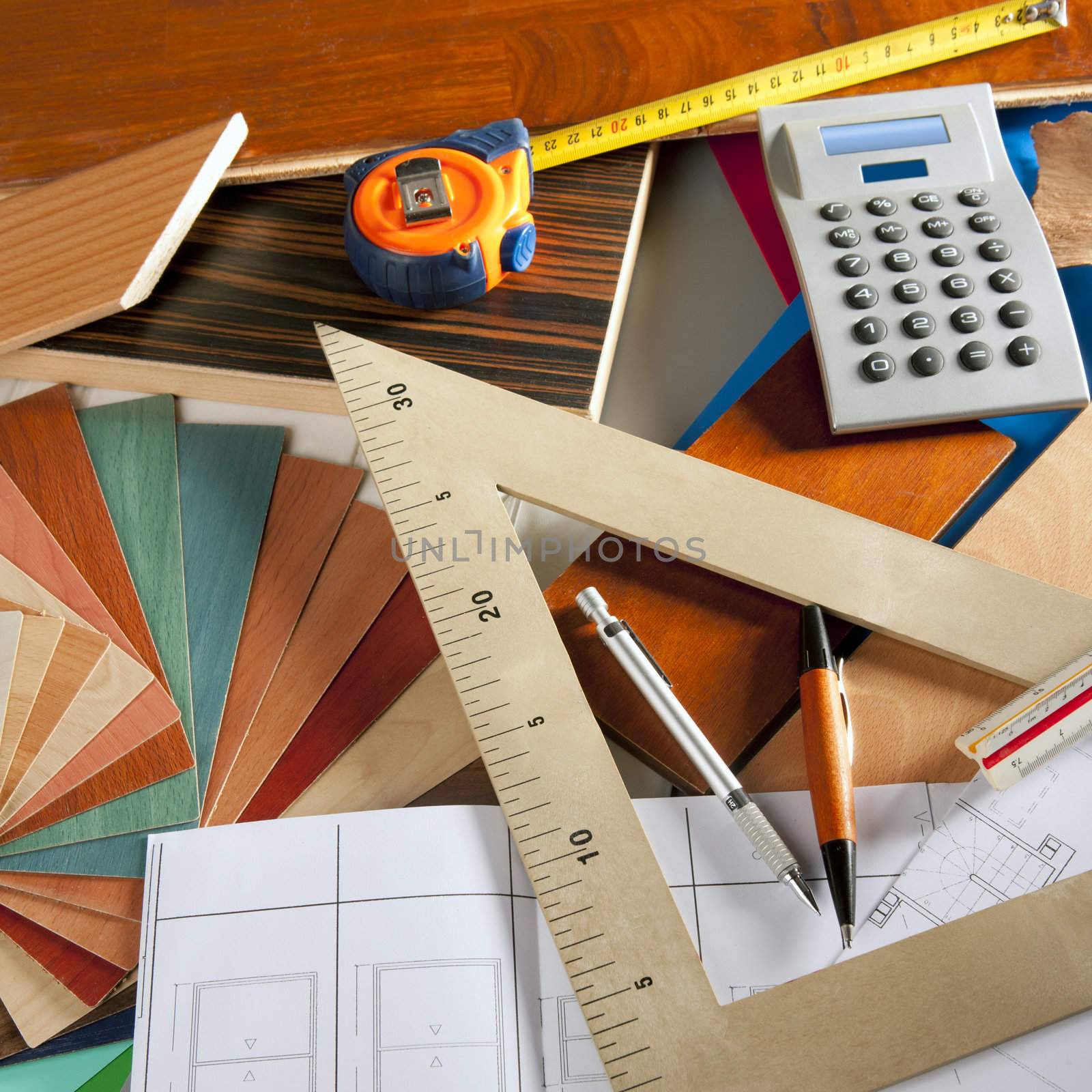 Architect interior designer or carpenter workplace with desk design tools