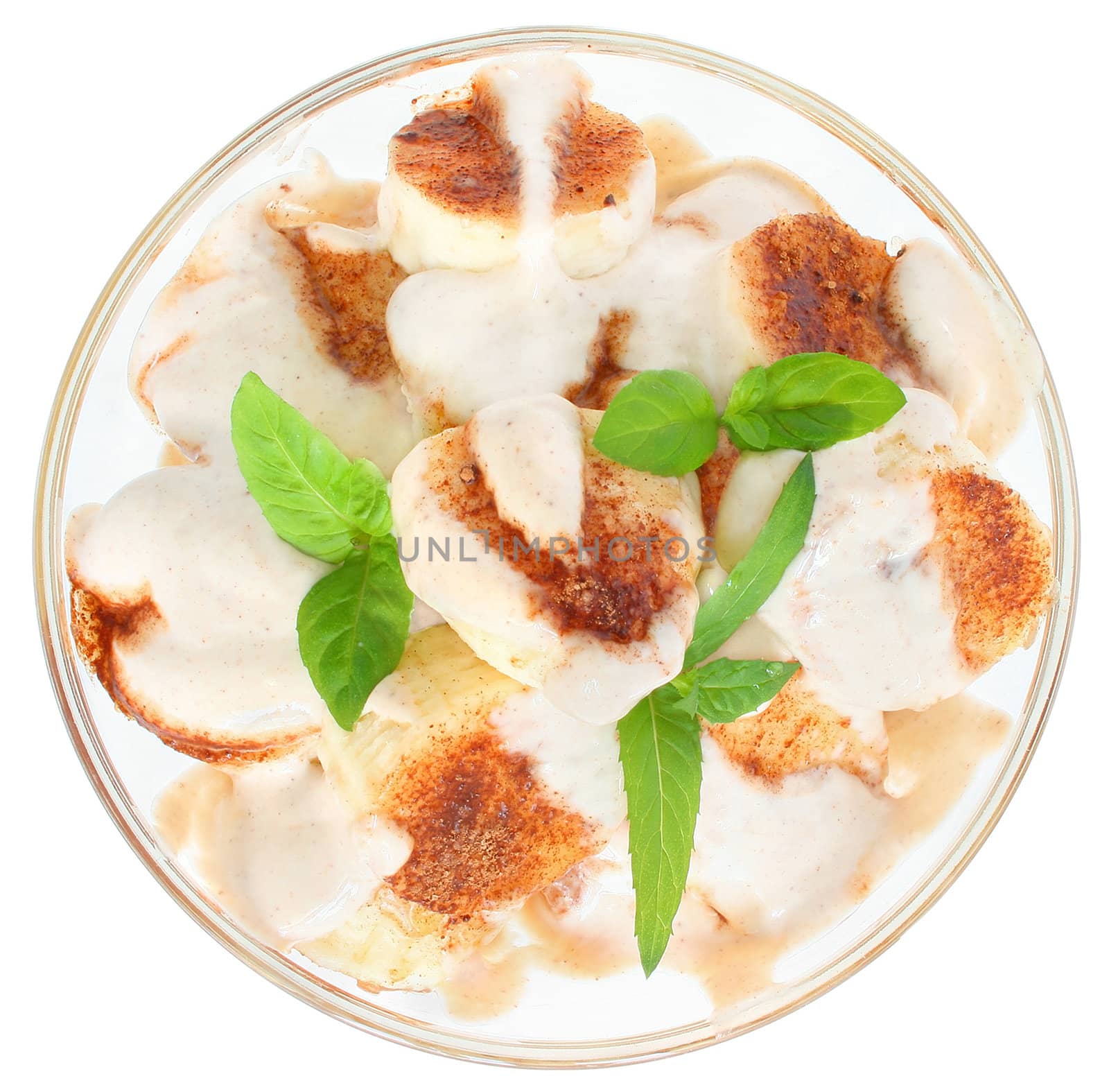Fruit salad with banana on a white background.