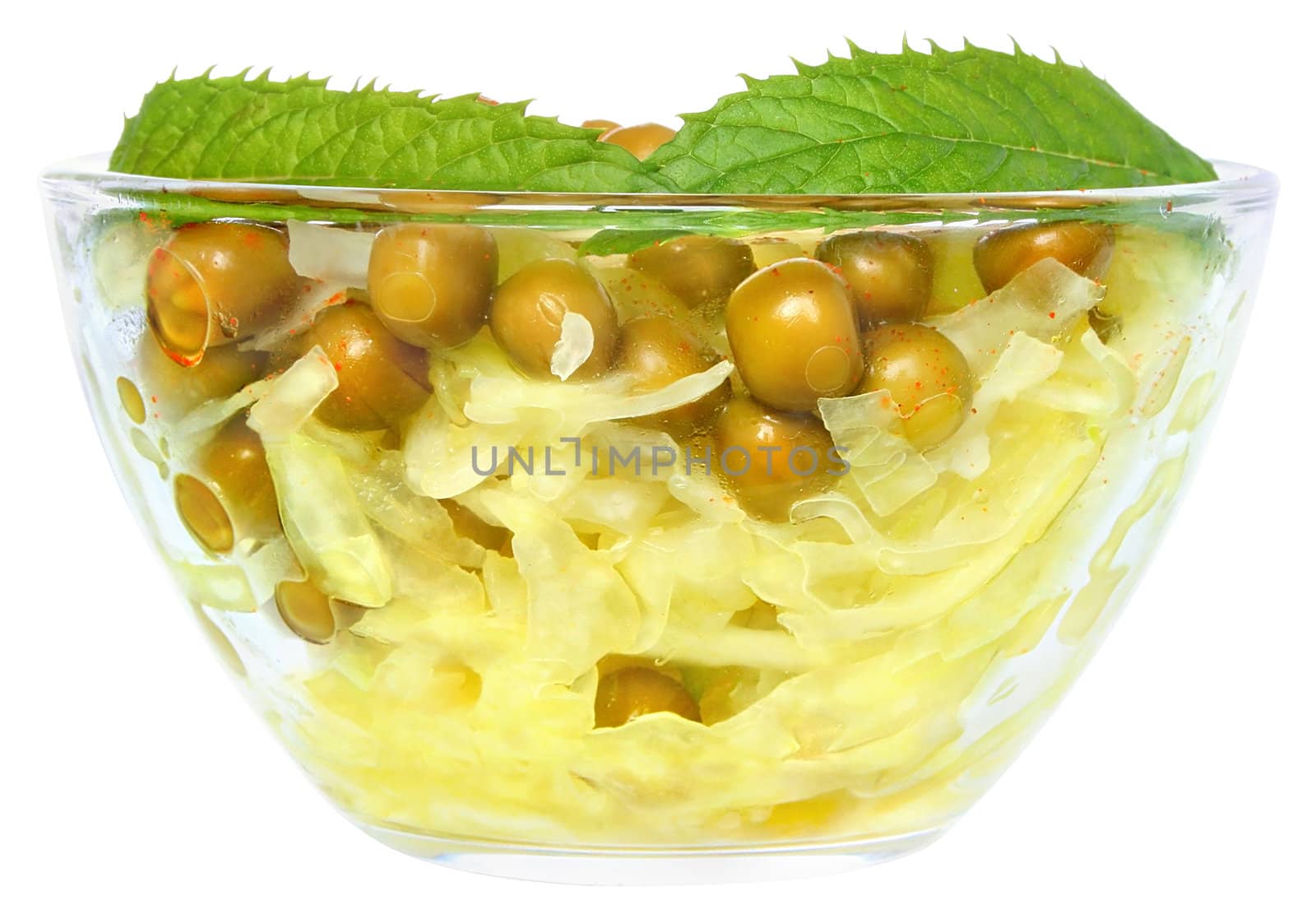Cabbage salad with green peas.