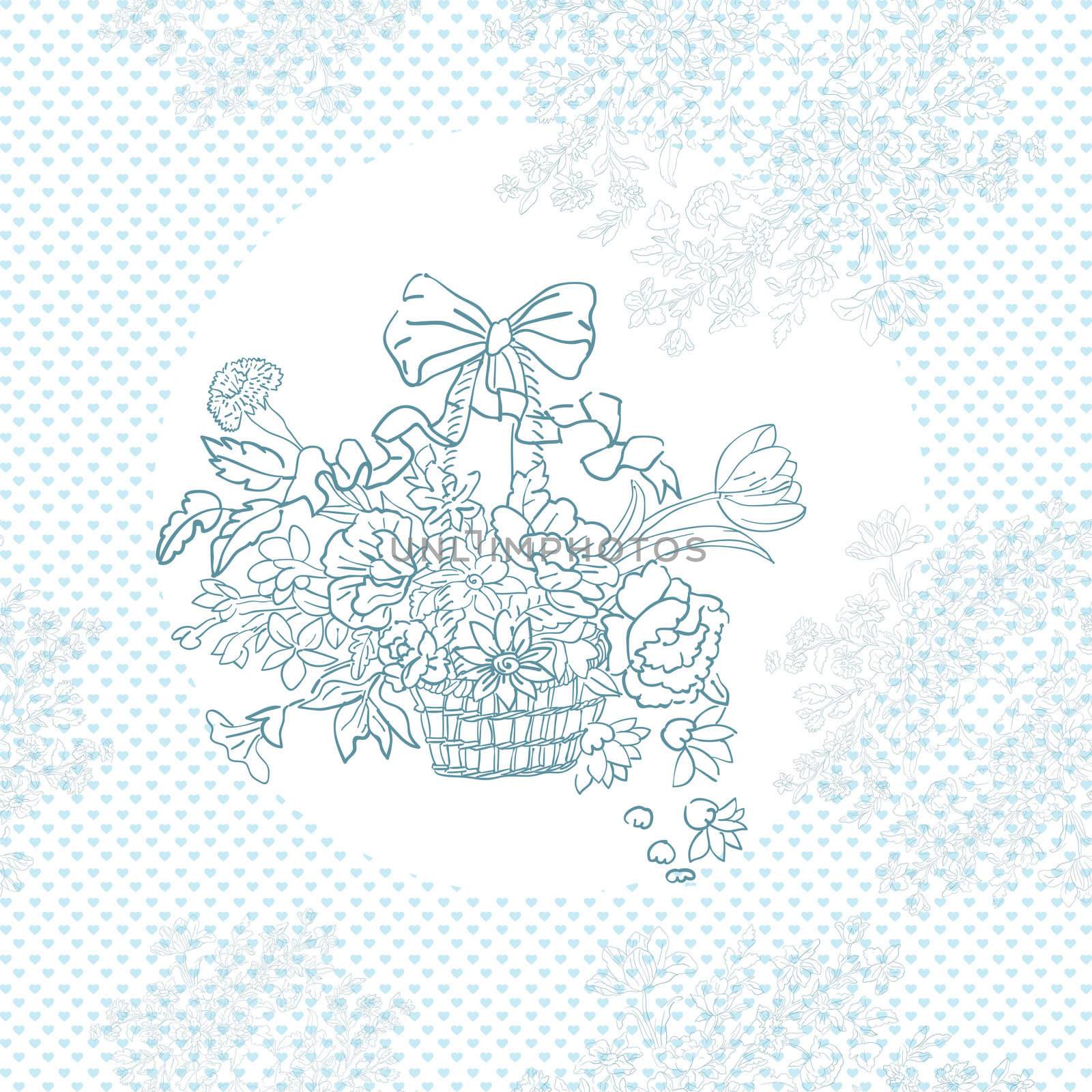 wedding shabby chic basket pattern over blue hearts