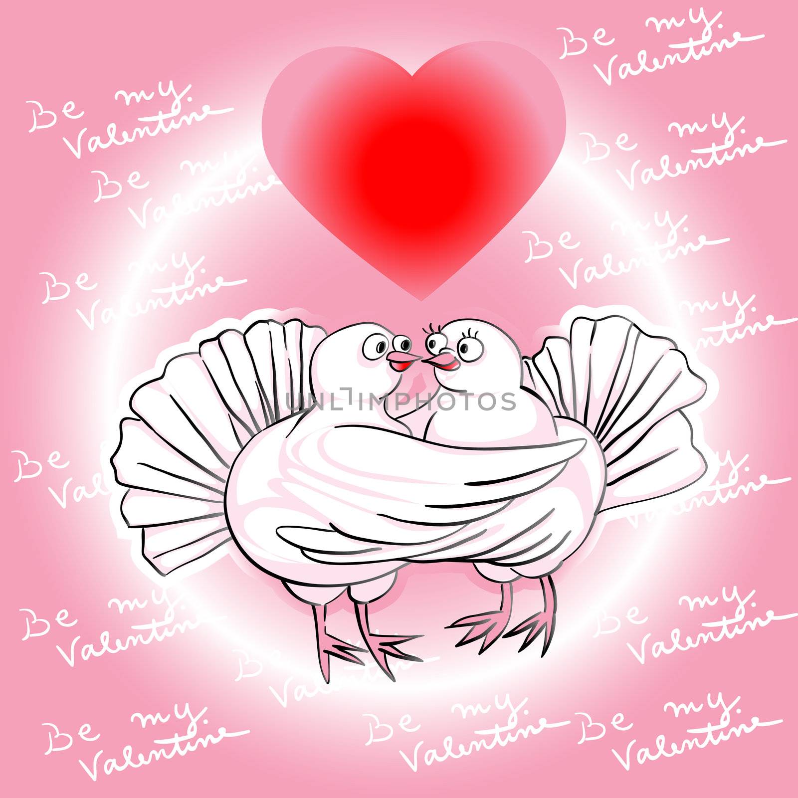 Valentine's Day card with pigeons in love under a magic heart, be my Valentine