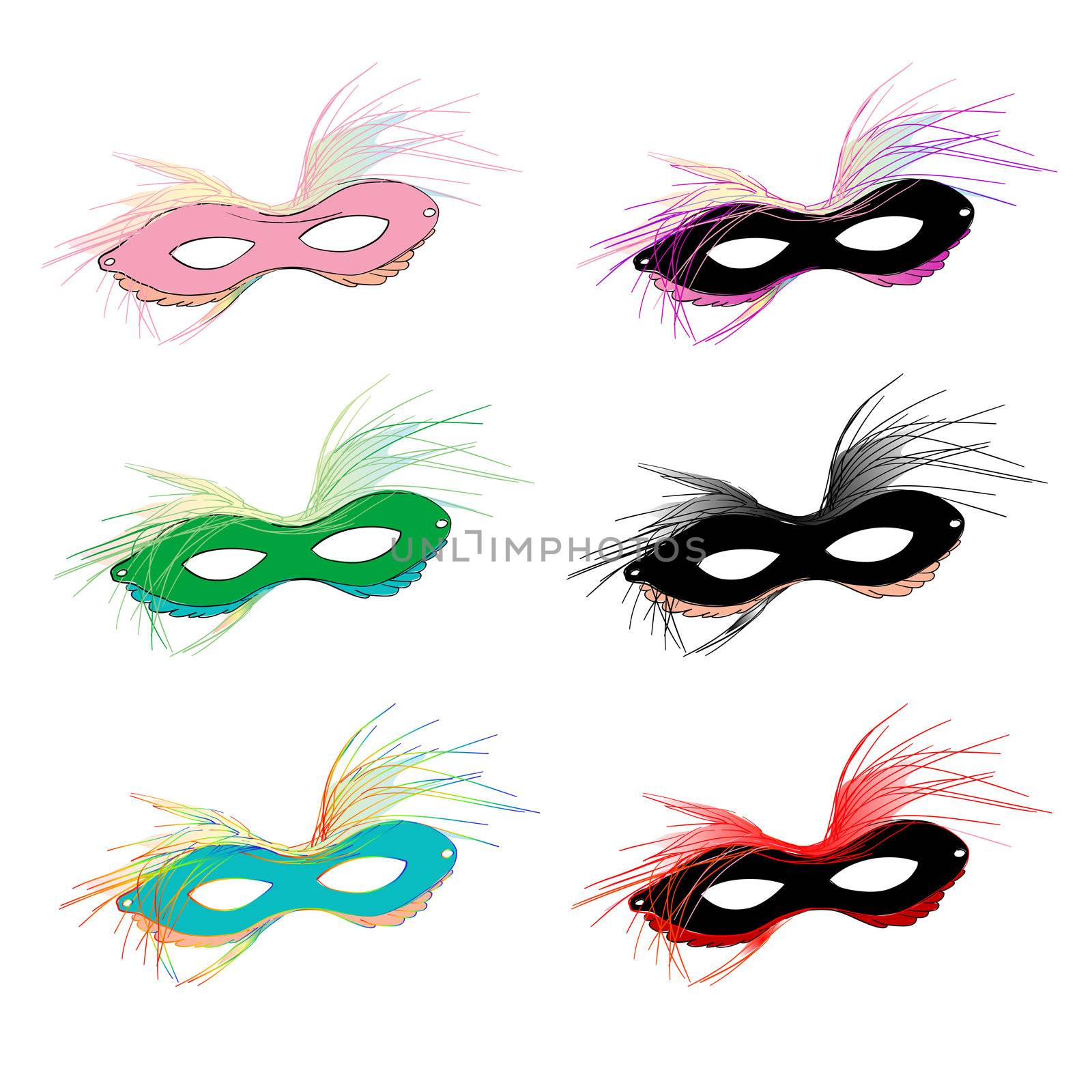 Mardi Gras carnival set of masks with feather over white