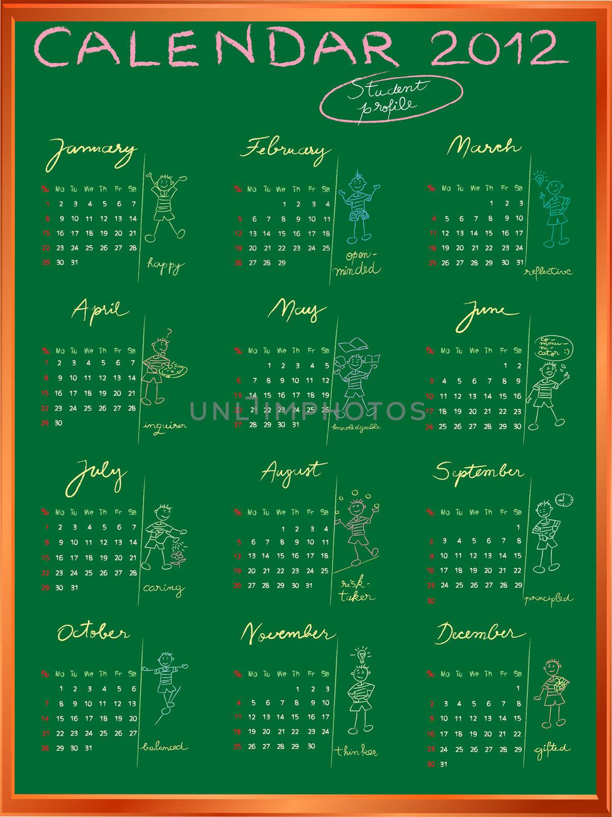 2012 calendar on a blackboard, student profile design for international schools