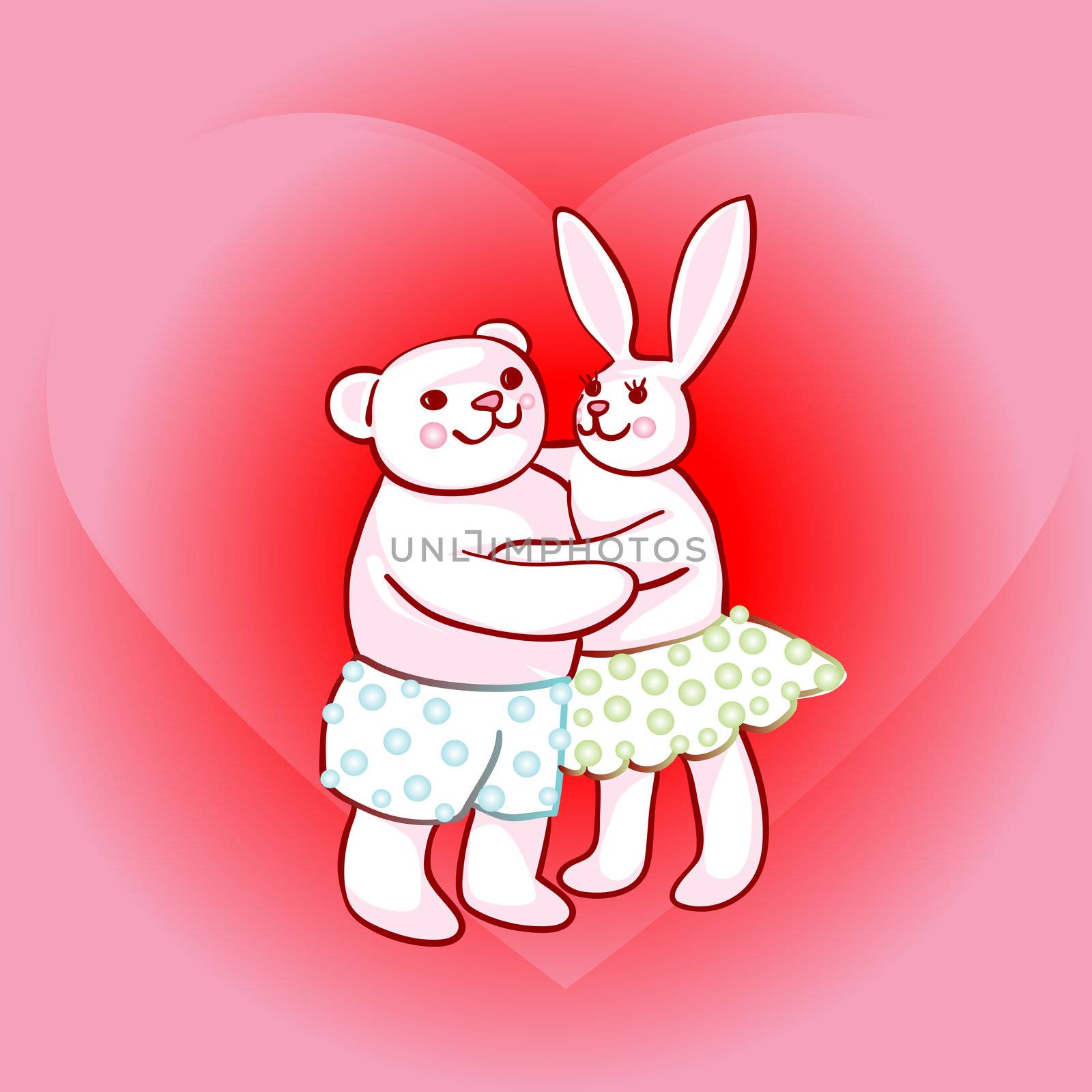 Valentine's Day cand with bunny and teddy bear in love, doodle drawings over happiness heart 