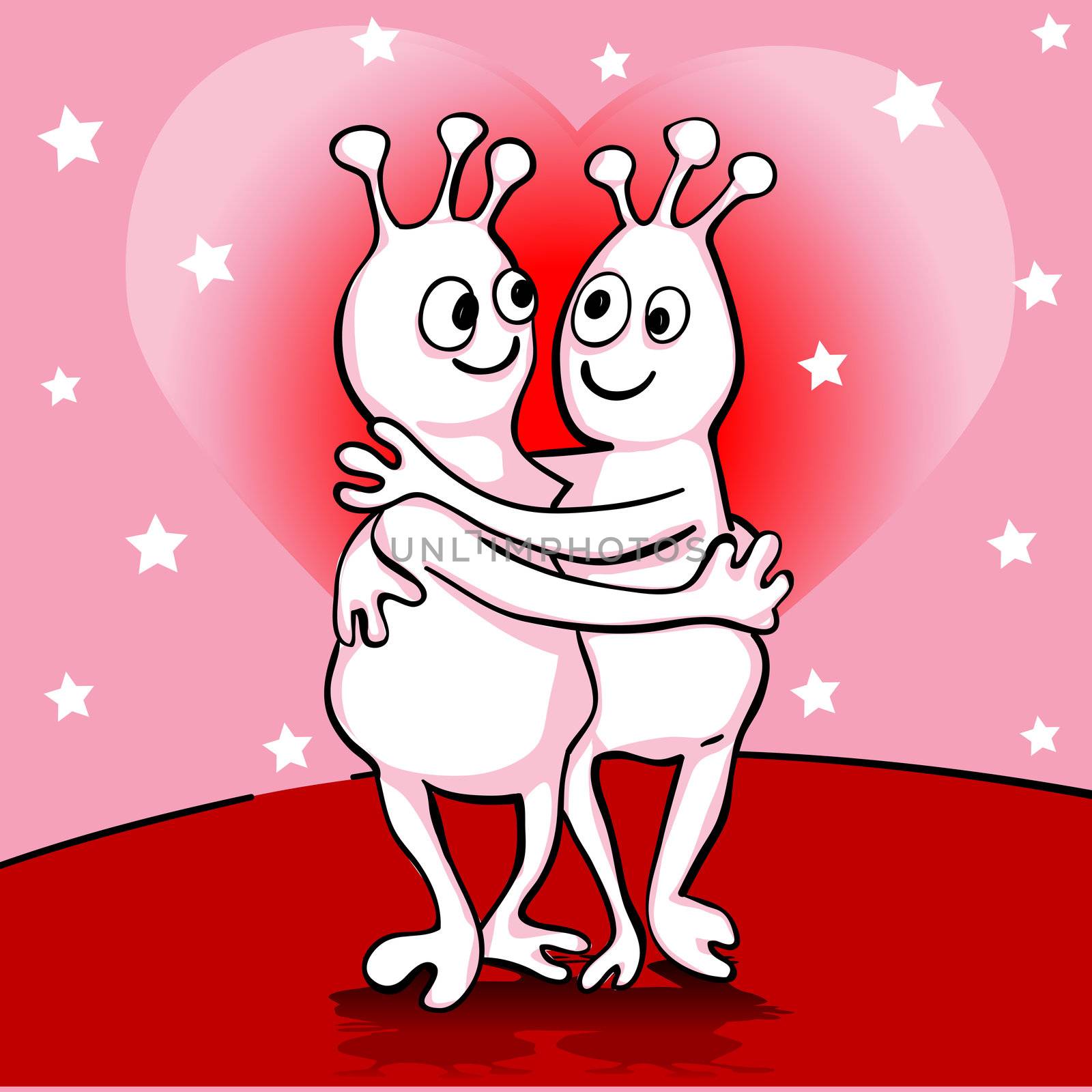 valentine's day and wedding card with aliens in love and magic heart over starry sky 