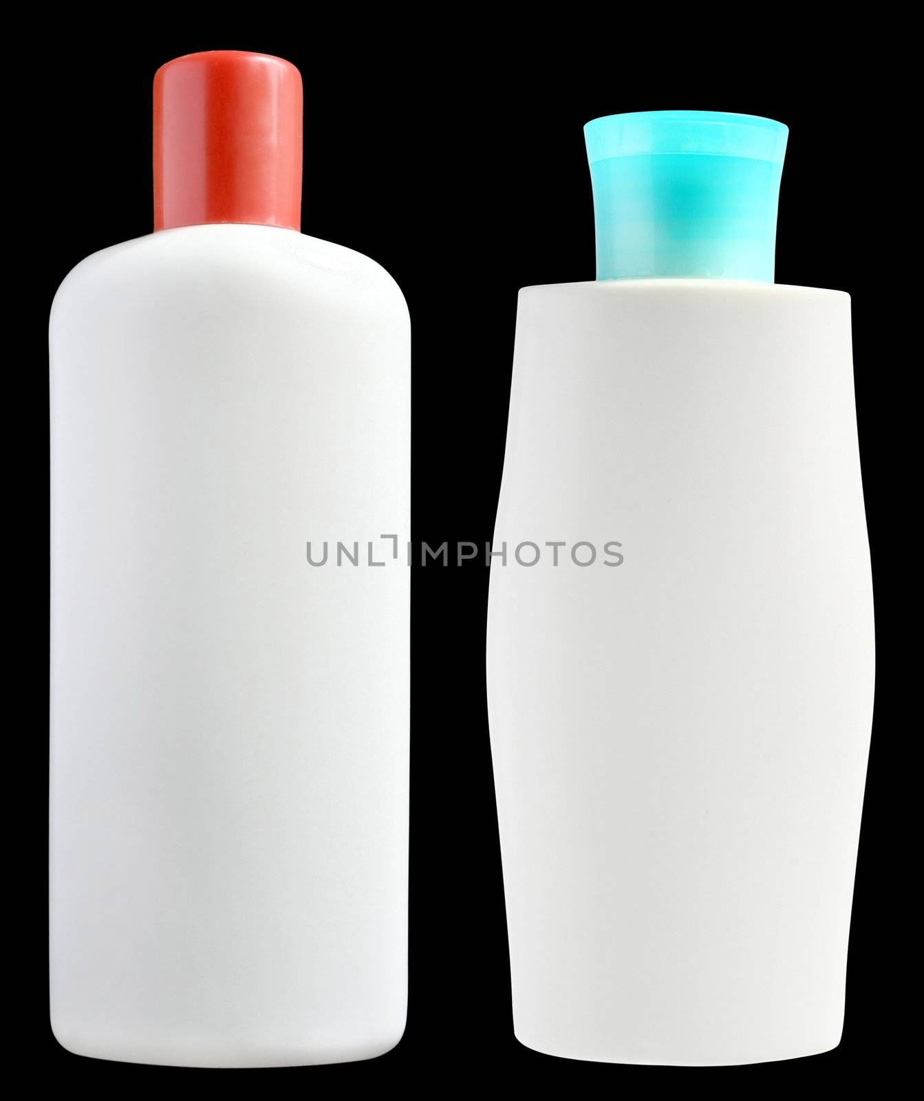 Bottles of cosmetic means on a black background.