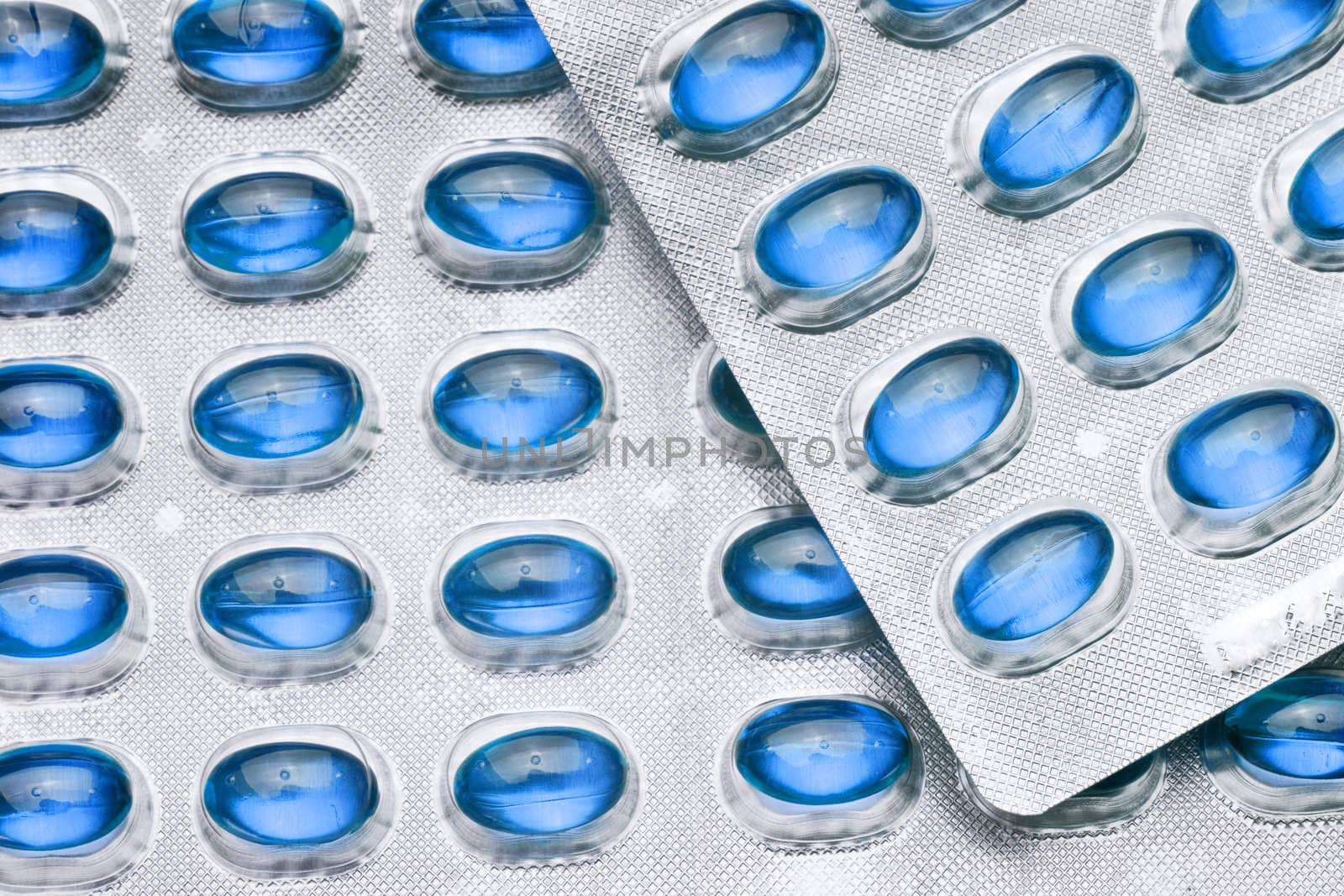 Blue Pills in blister, copy space