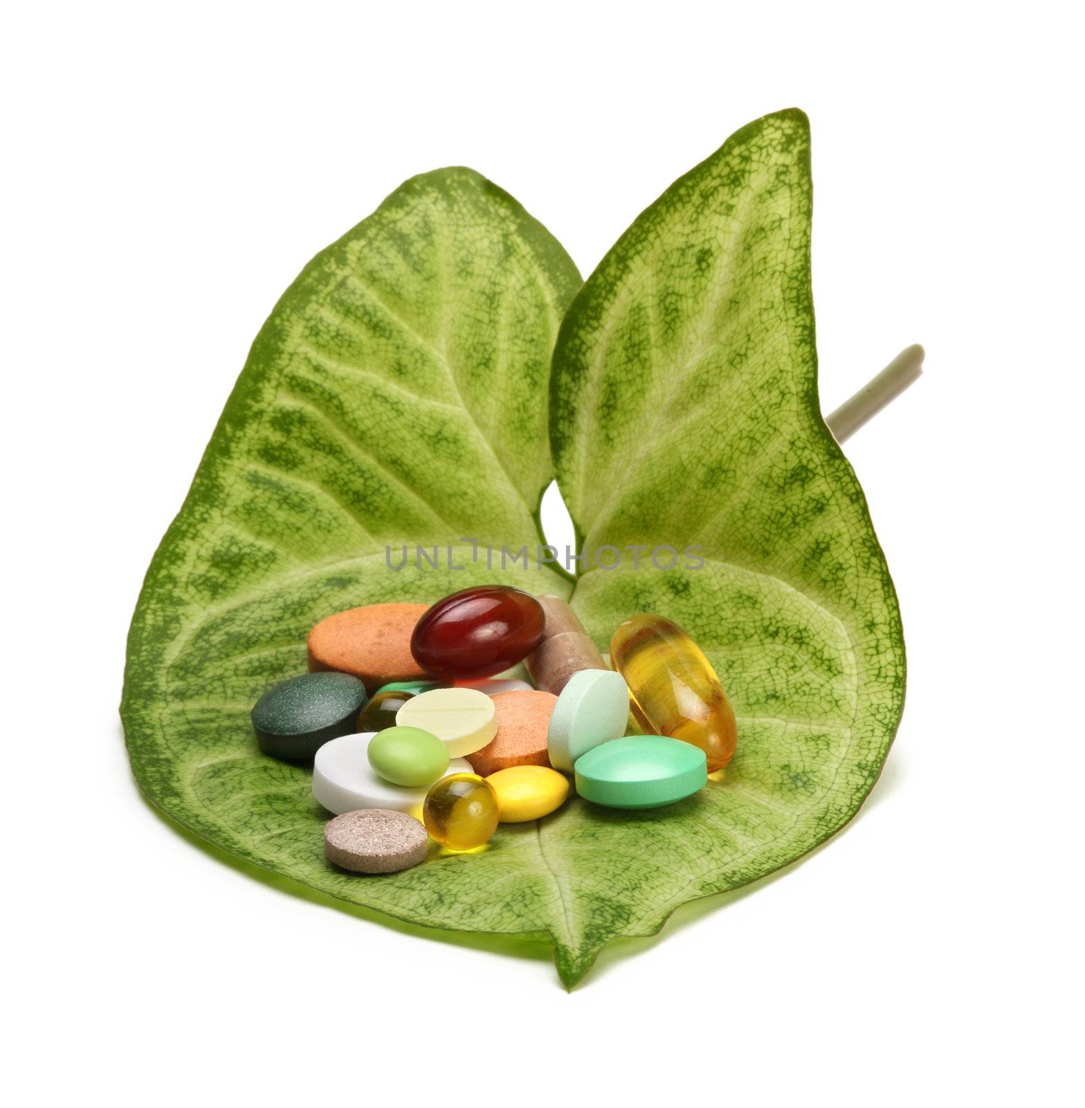 vitamins, tablets and pills on green leaf by rudchenko