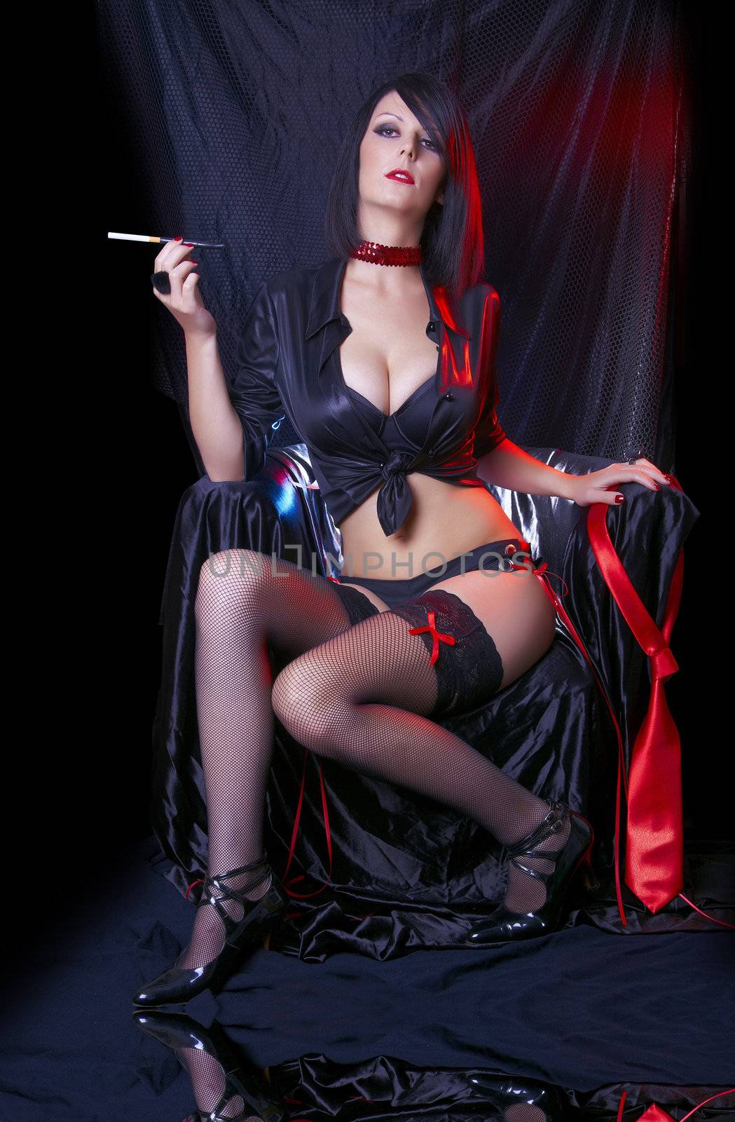 Cabaret Sexy Lady In Black Lingerie Smoking Cigarette