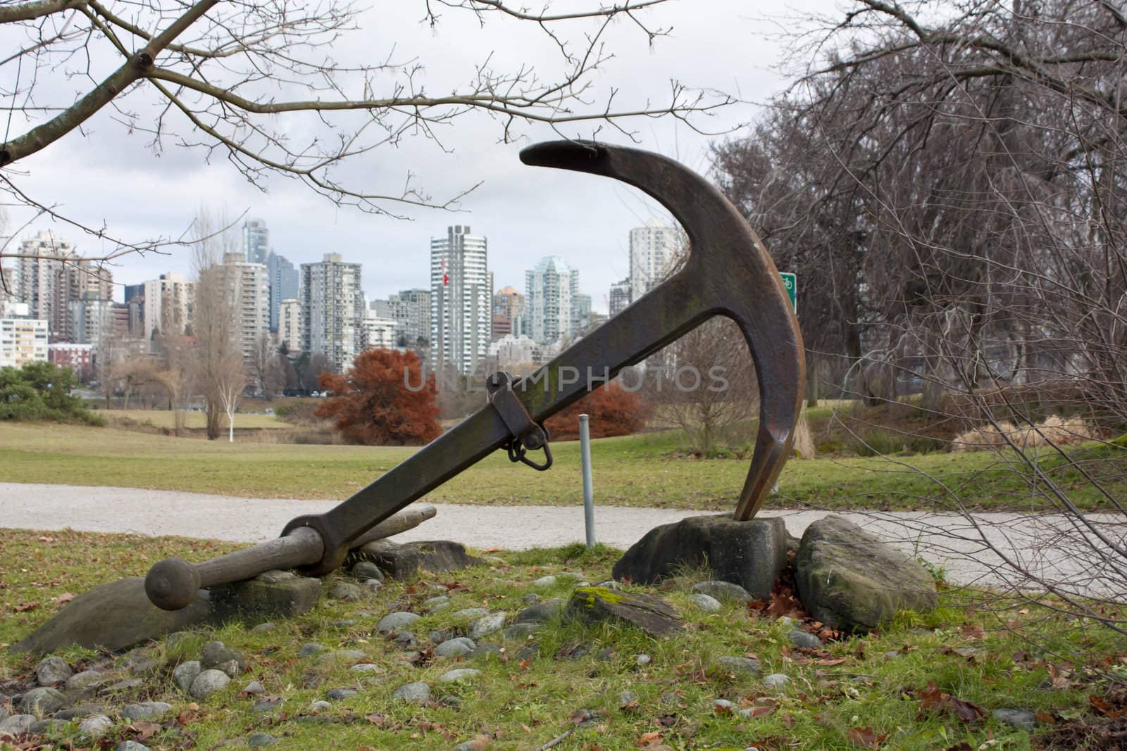 Old anchor in the park. Vancouver. Canada.