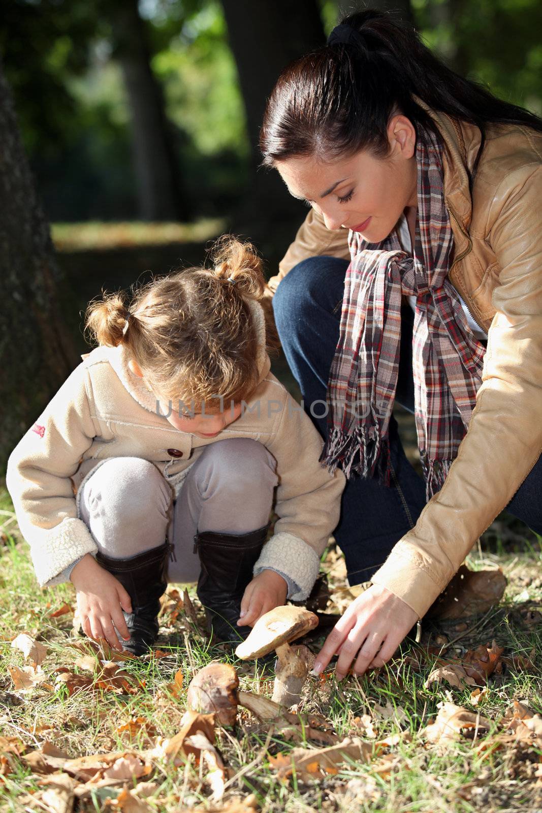 Mother and daughter picking mushrooms by phovoir