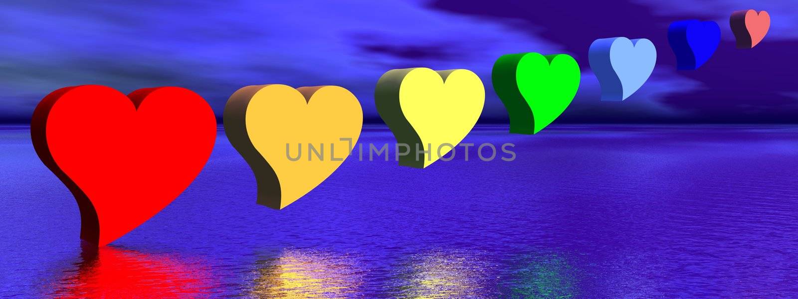 Heart for each color chakra upon water by night