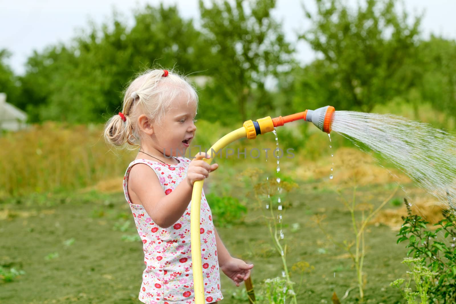 Little girl watering the grass in the garden by rudchenko