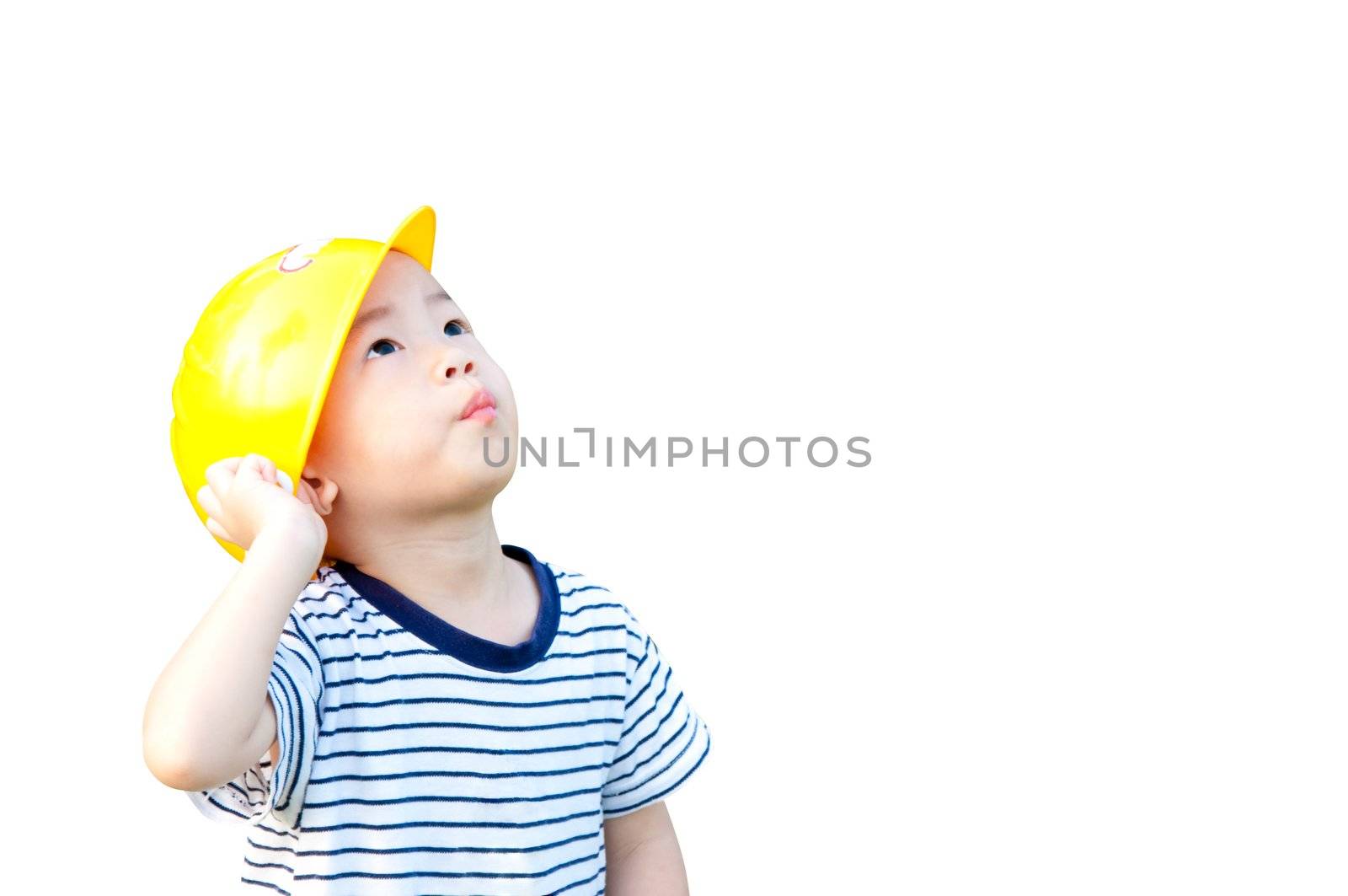 Cute boy engineer, wearing a yellow hat