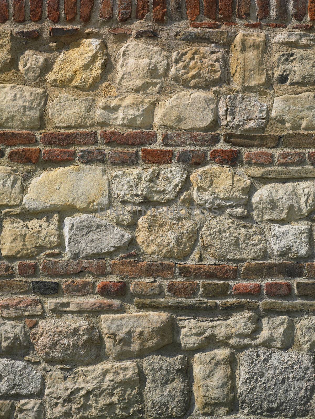 Wall of bricks and rocks, wide and detail