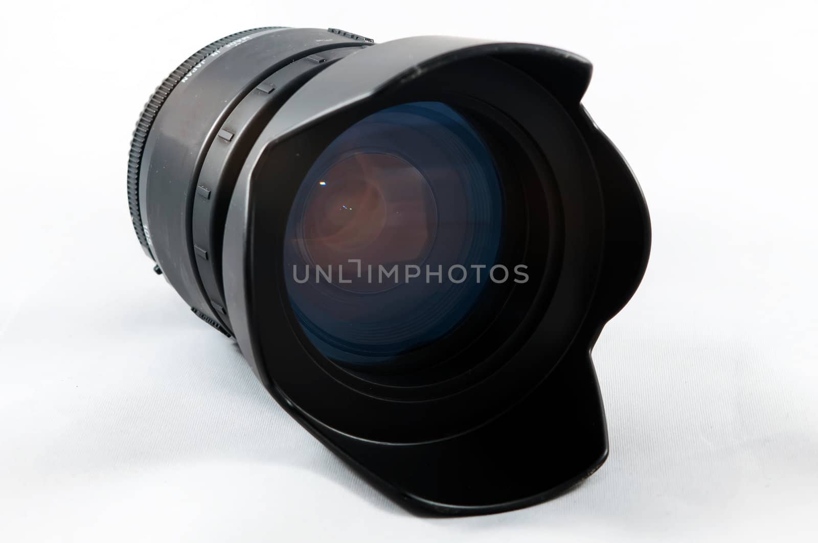 Close up of camera lens on a white background