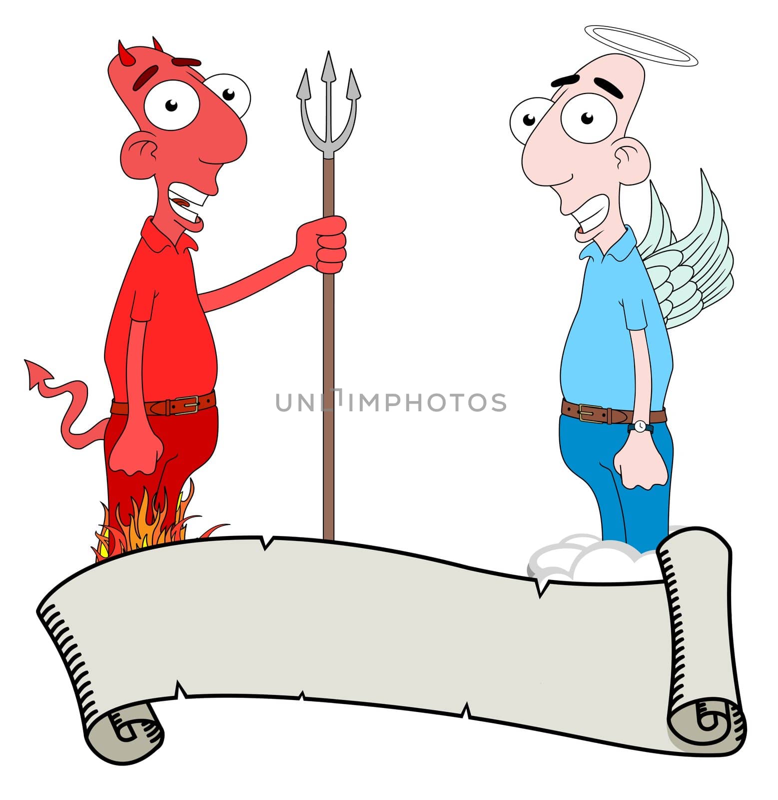 Isolated cartoon Devil and Angel characters behind a scroll