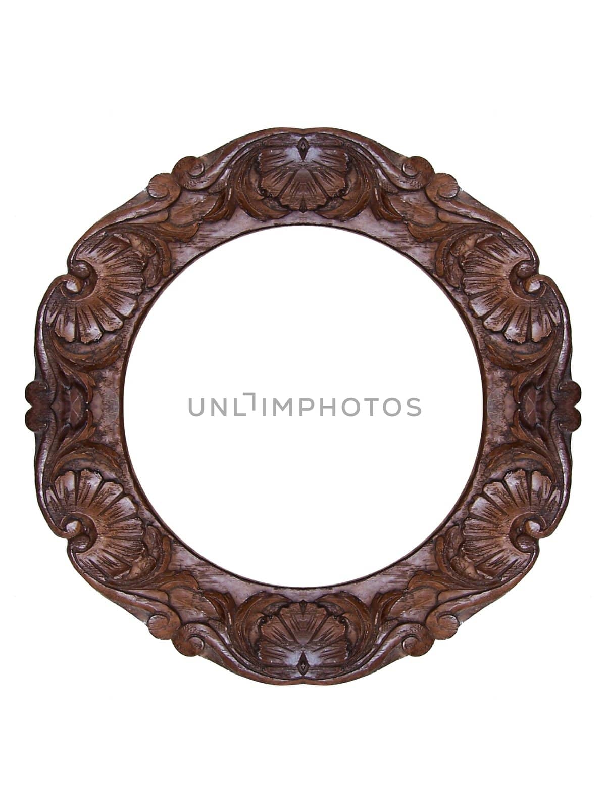 Round wooden carved frame over a white background