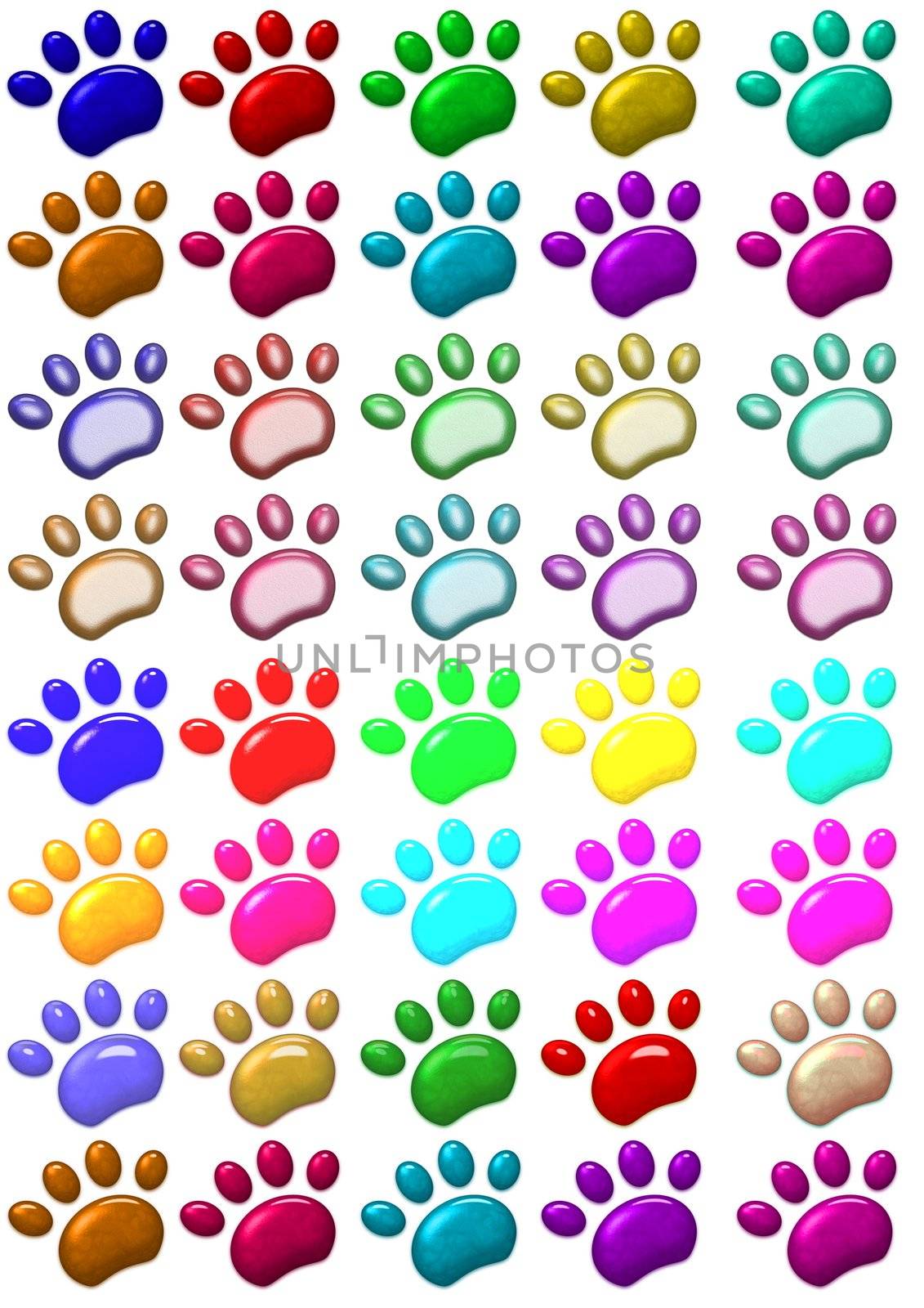 Illustration of lots of colourful paw prints