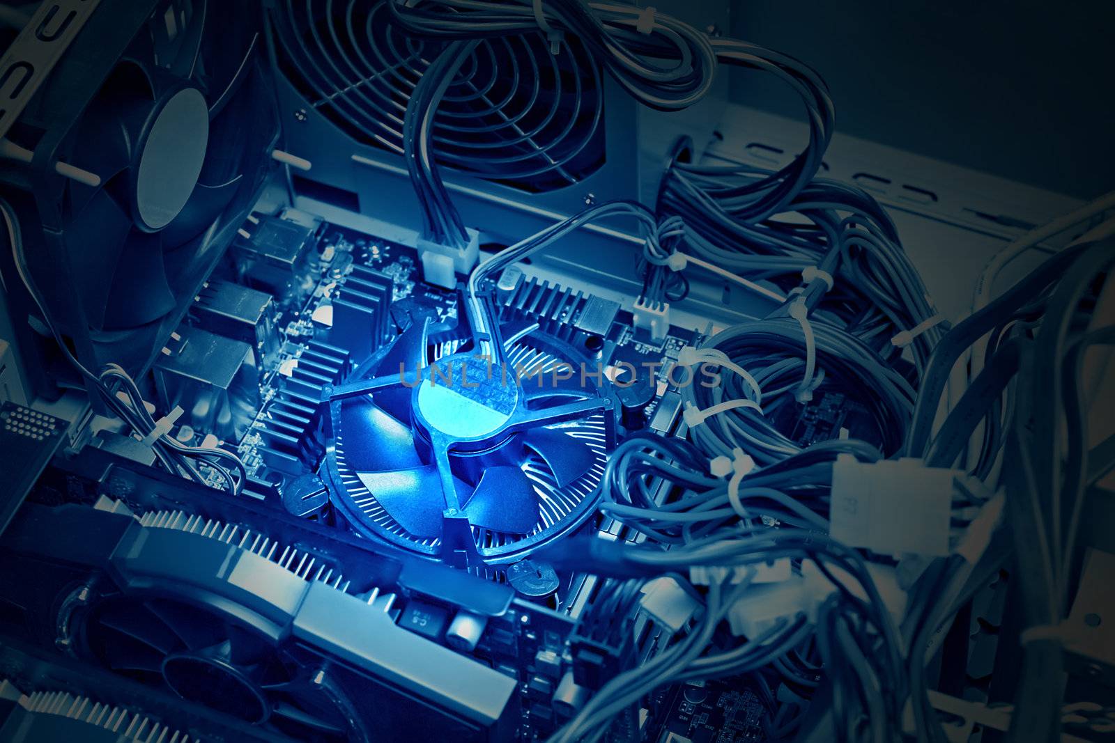 Close-up of the internal system block, blue tone, light effect by Plus69