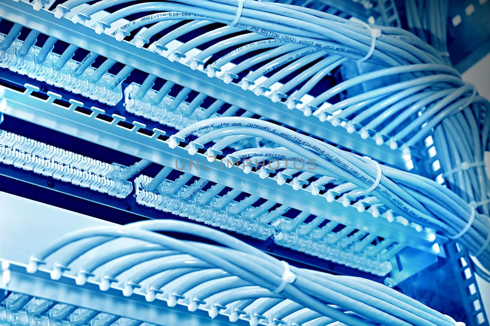 kind of wiring closet patch panels with 6-th category in the background, blue tone