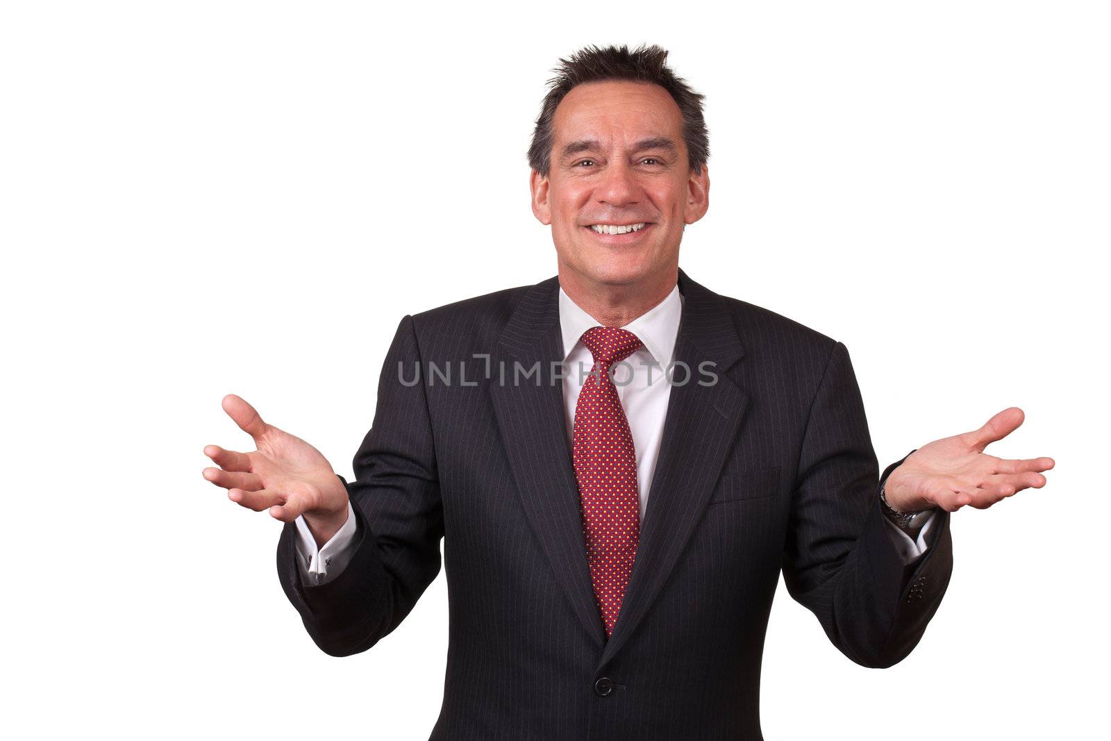 Smiling Middle Age Business Man in Suit Gesturing with Open Hands by scheriton