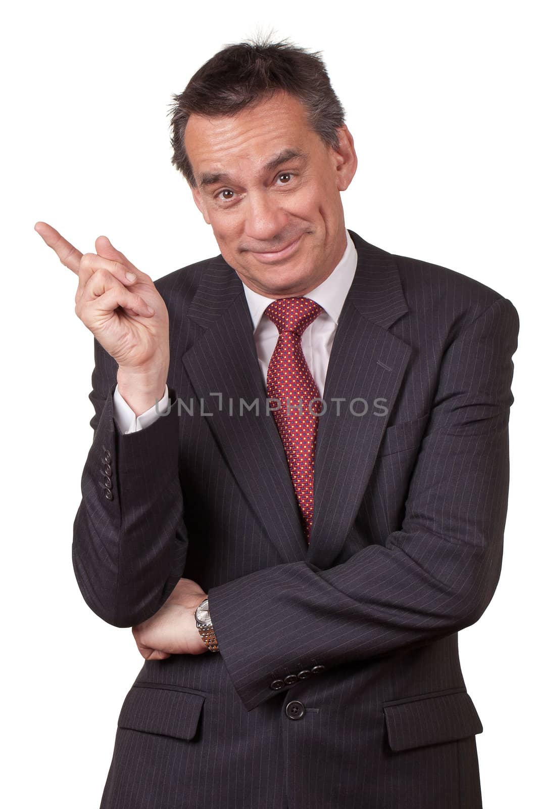 Smiling Middle Age Business Man in Suit Pointing Left by scheriton