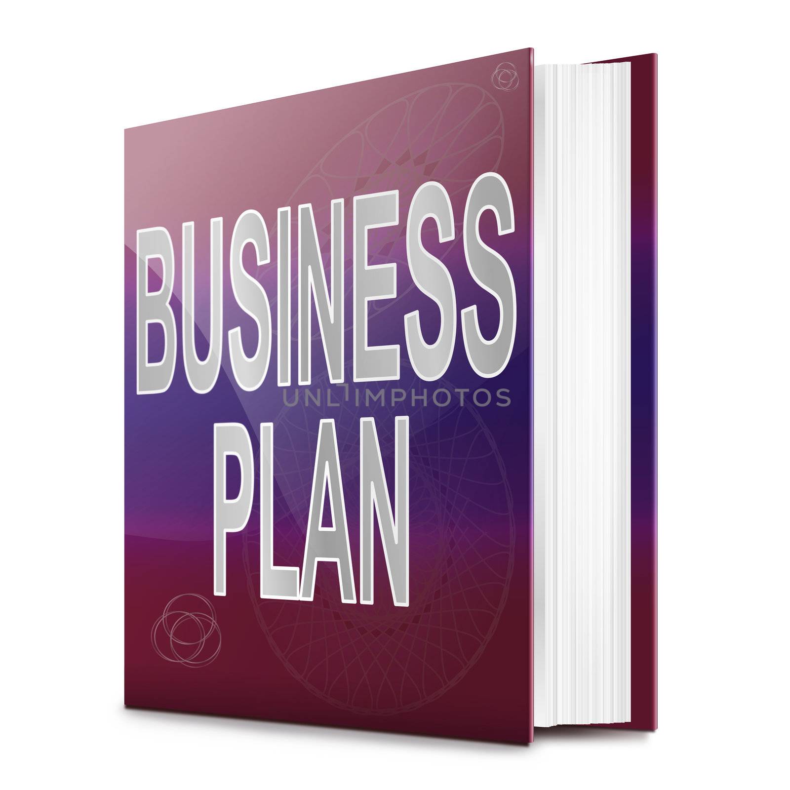 Illustration depicting a book with a business plan concept title. White background.