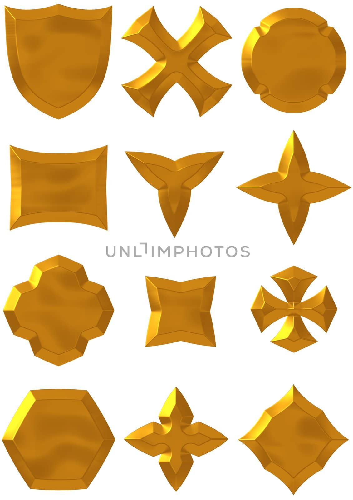 Illustration of 12 isolated bronze shapes