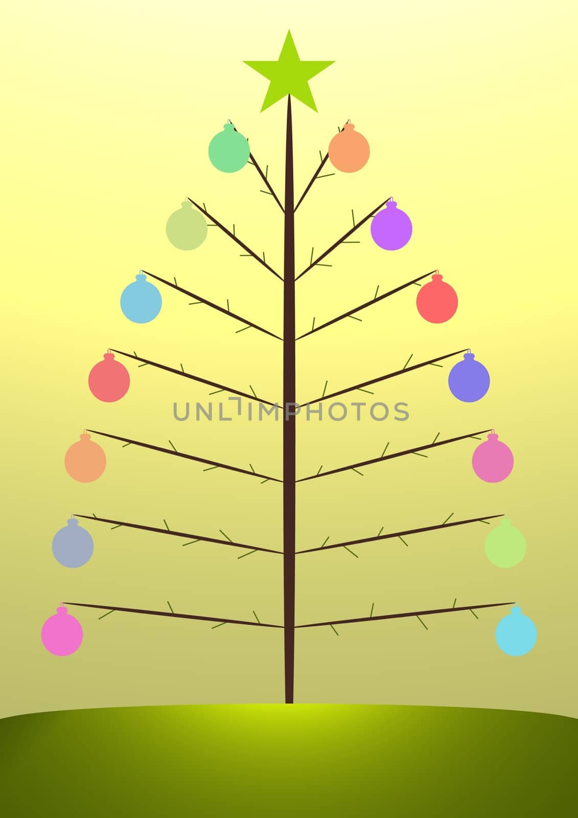 Illustration of a christmas tree with colored baubles