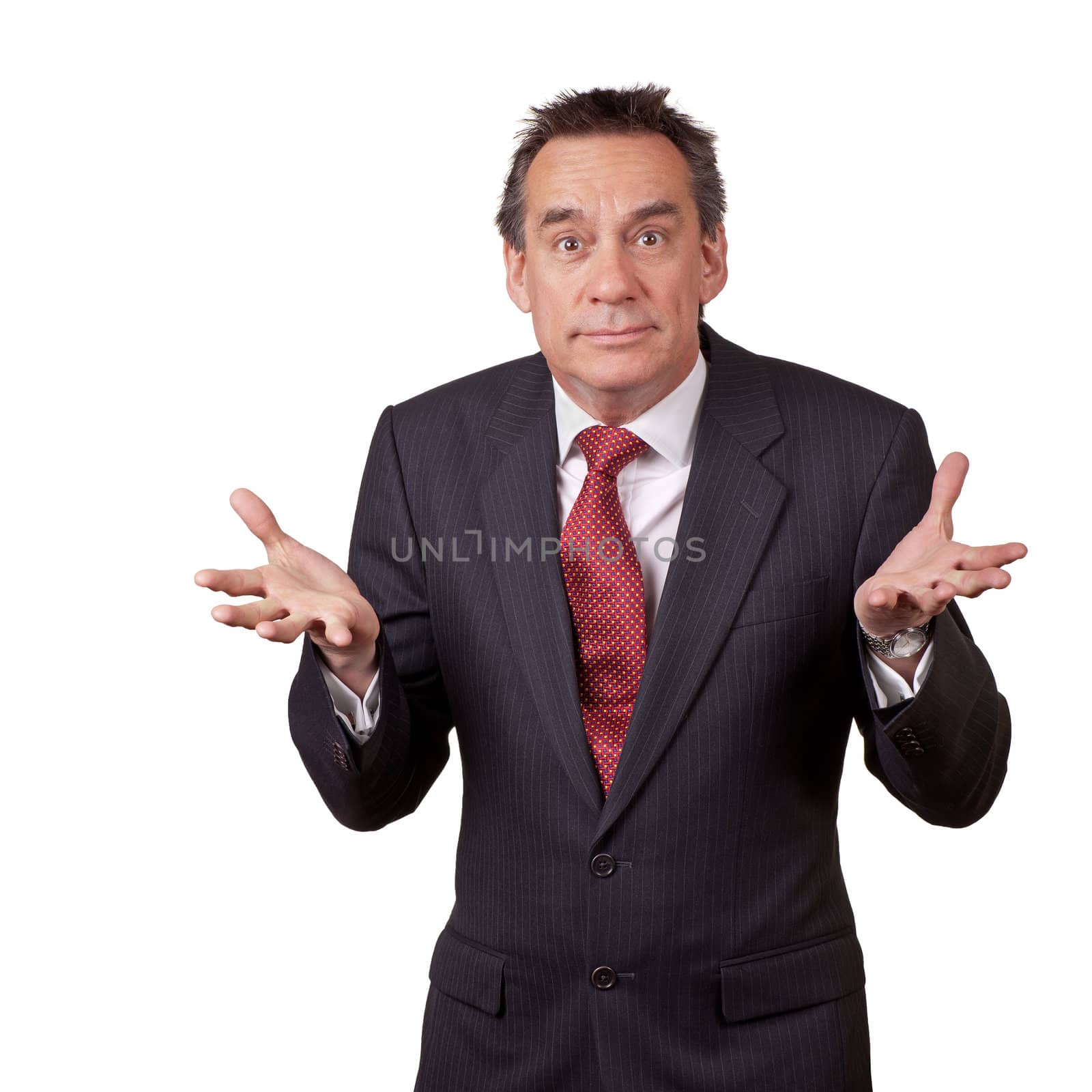 Attractive Surprised Wide Eyed Middle Age Business Man in Suit with Open Hands Isolated