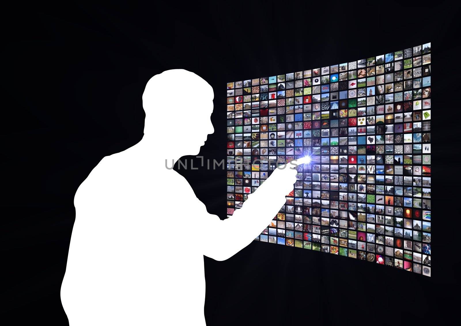 Illustration of a man pointing at a collection of images