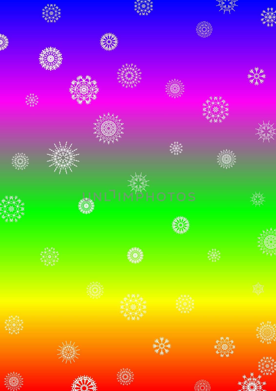 Illustration of snowflakes over a multi colored background