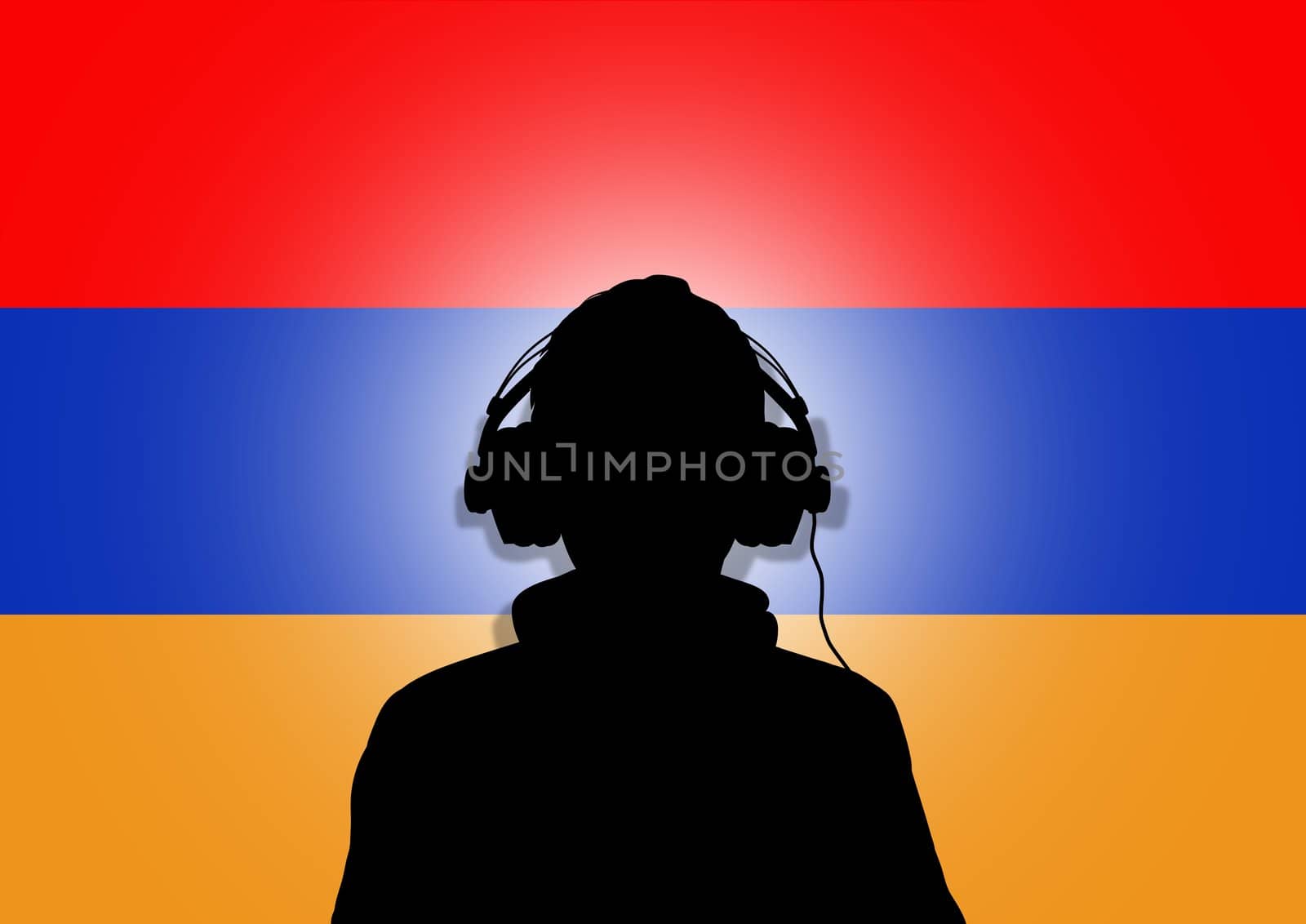 Illustration of a person wearing headphones in-front of the flag of Armenia