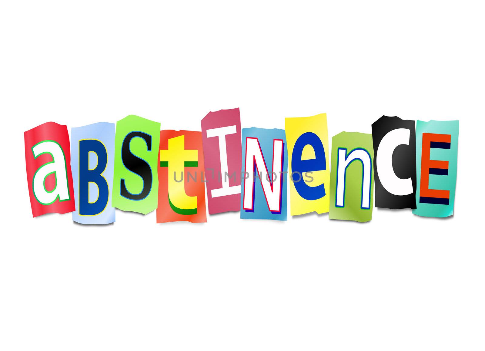 Illustration depicting cutout printed letters arranged to form the word abstinence.