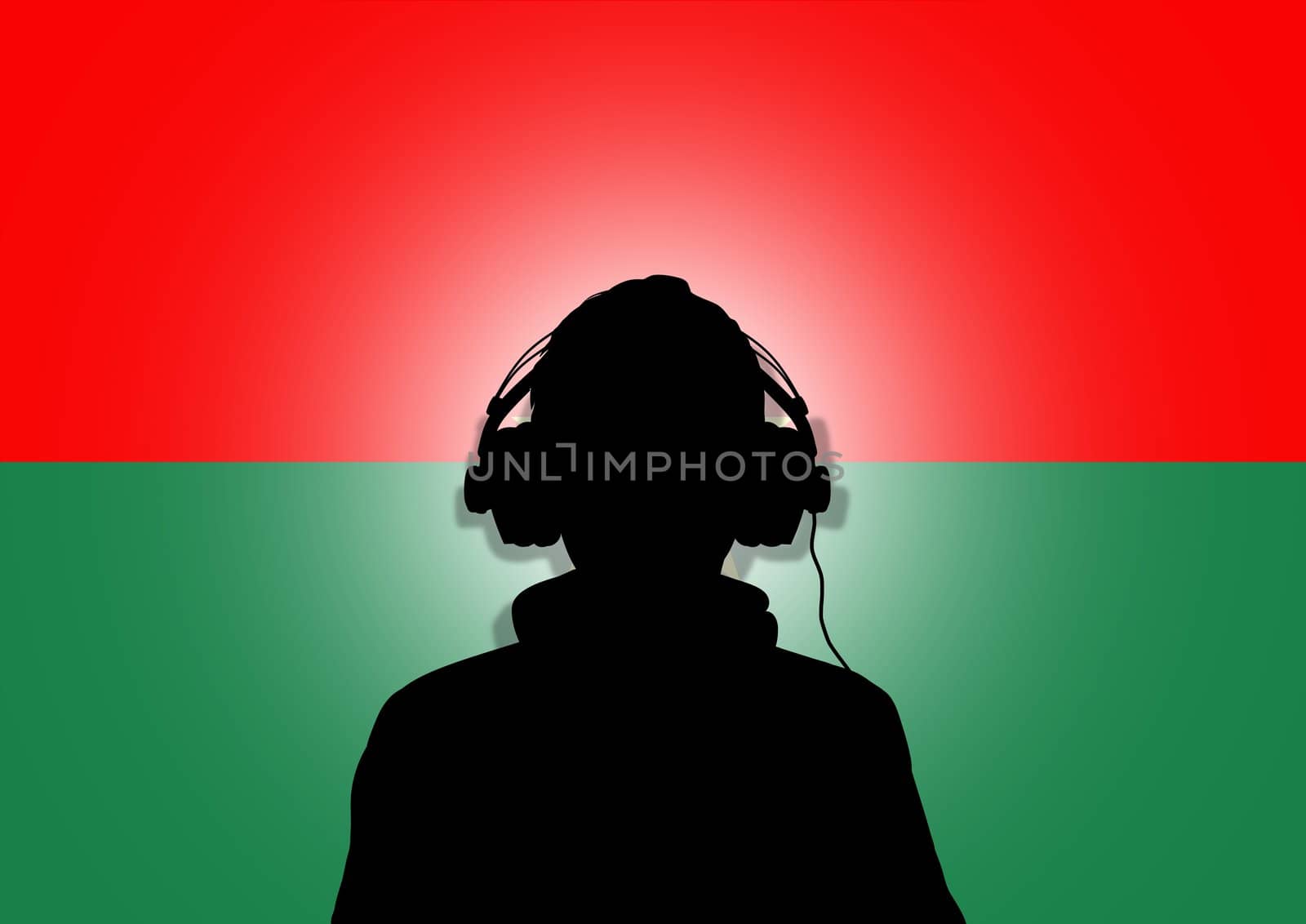 Illustration of a person wearing headphones in-front of the flag of Burkina Faso