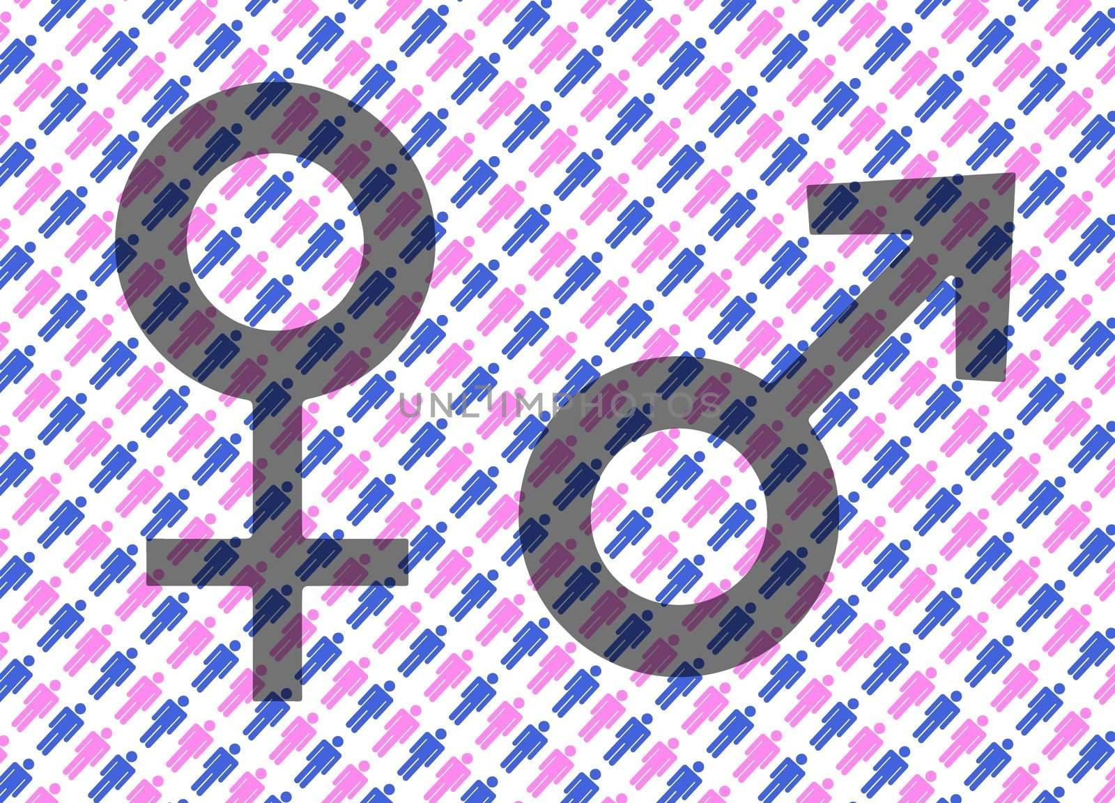 Abstract illustration of gender symbols with pink and blue people in the background