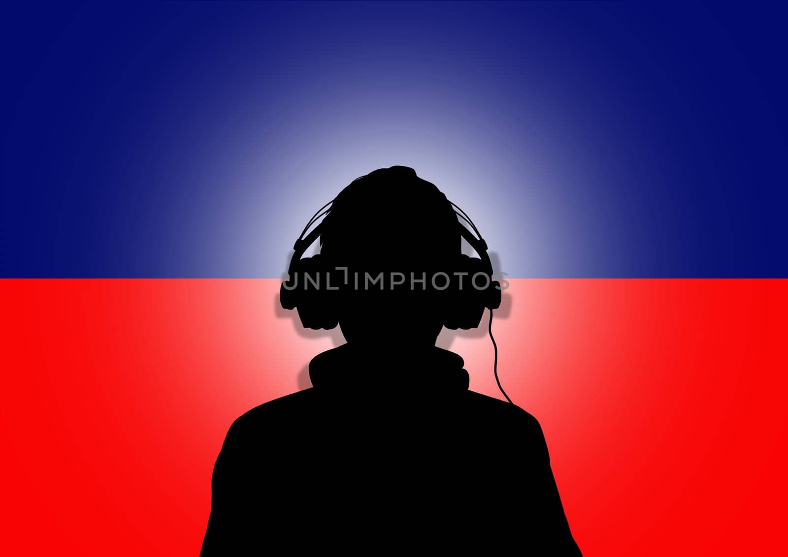 Illustration of a person wearing headphones in-front of the flag of Haiti