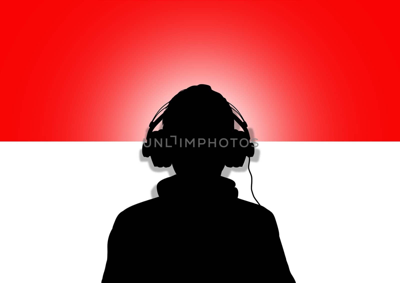Illustration of a person wearing headphones in-front of the flag of Indonesia or Monaco