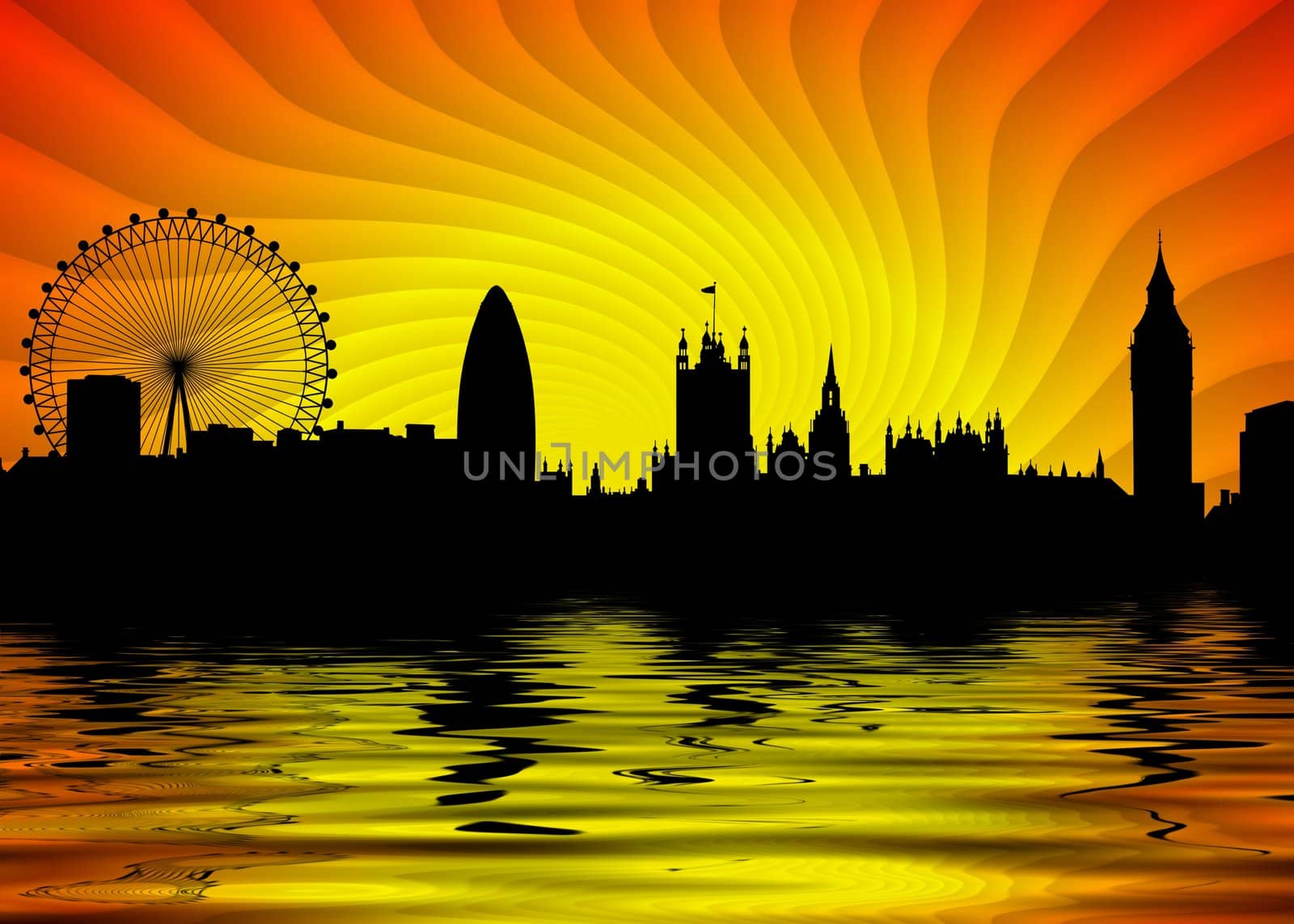 Illustration of London skyline with water in the foreground