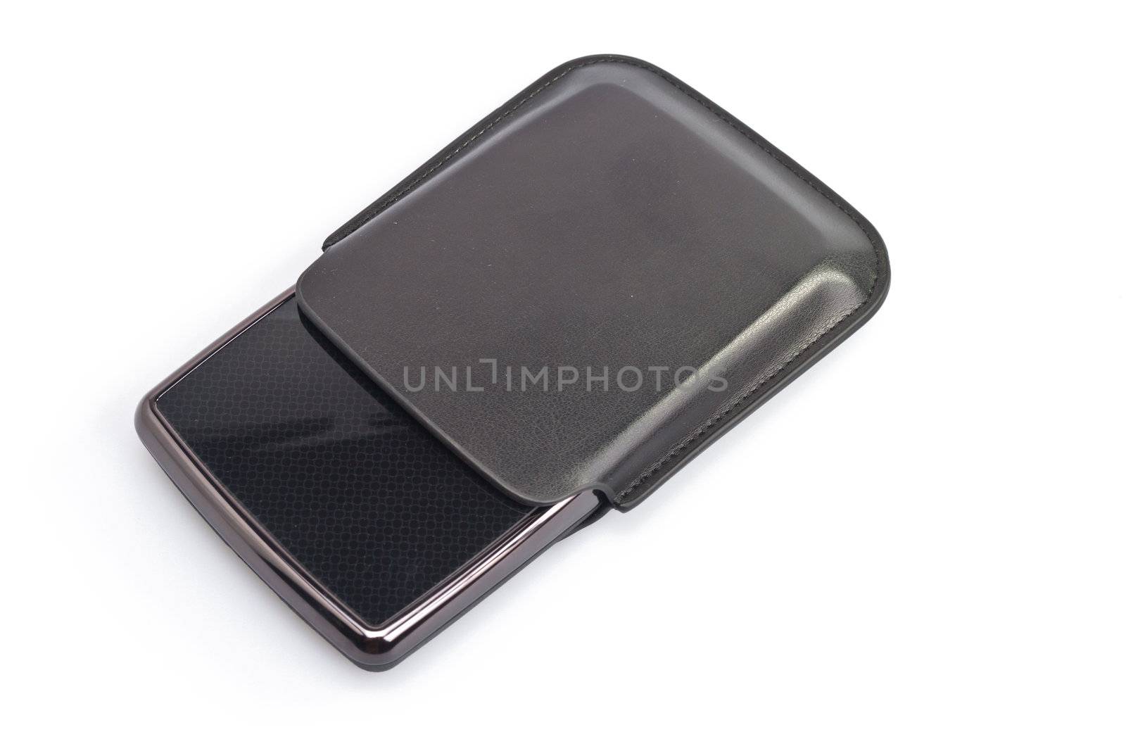 top view of a portable harddisk with soft leather case on white background