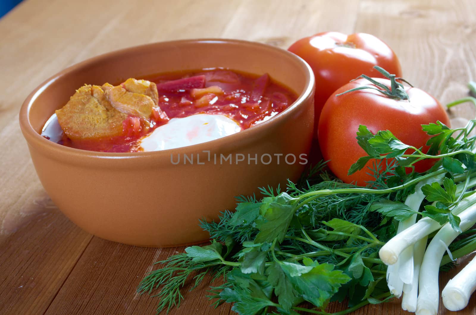 ukrainian and russian red-beet soup (borscht) with garlic and sour cream