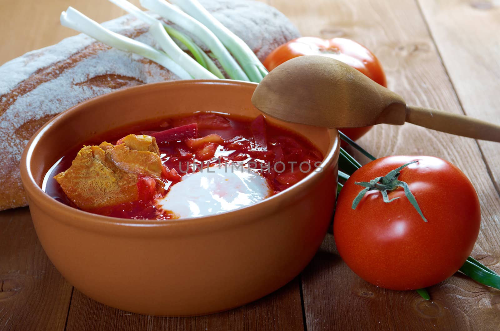 ukrainian and russian red-beet soup (borscht) with garlic and sour cream