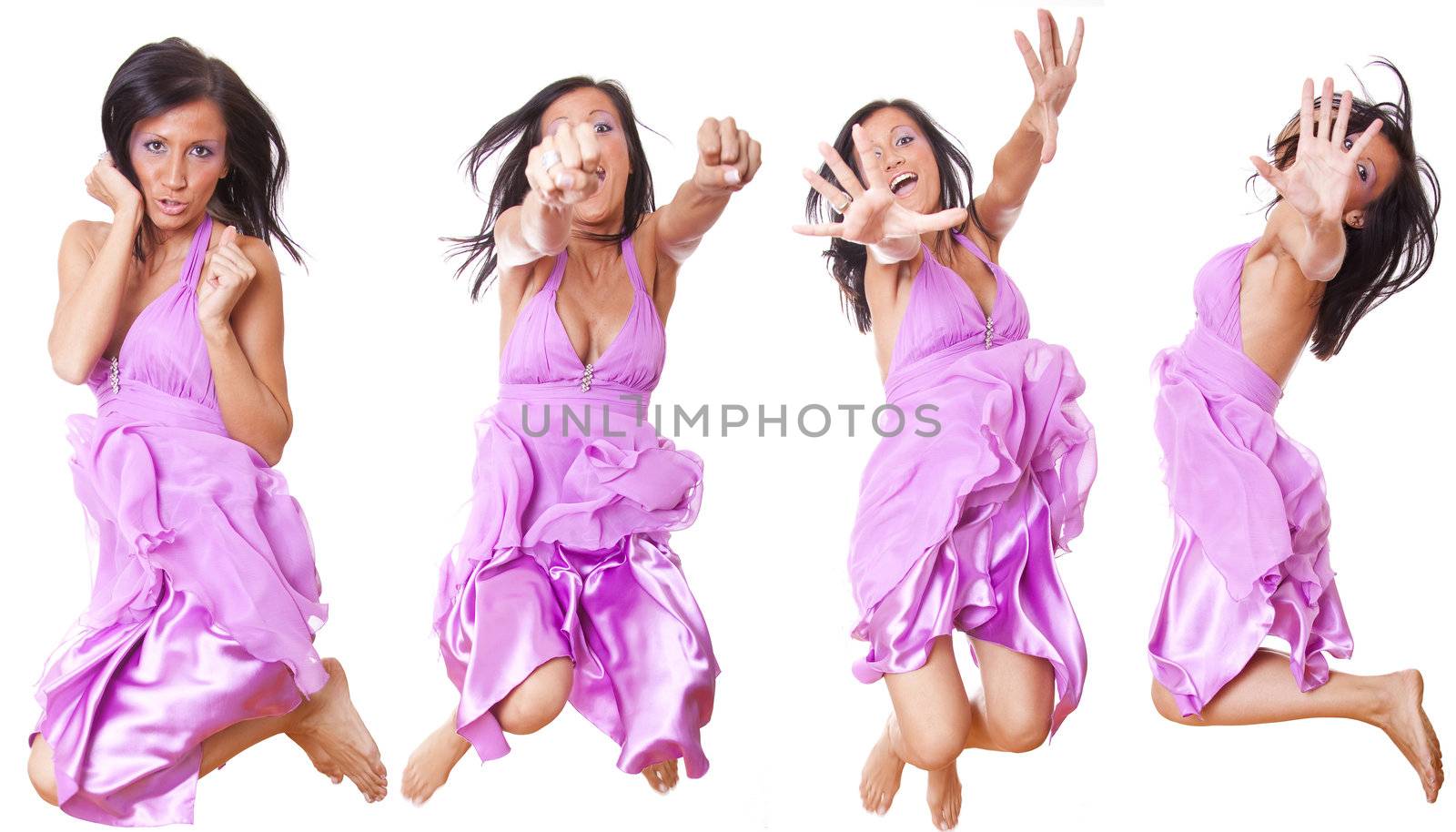 Woman In Violet Silk Dress Jumping, isolated on white